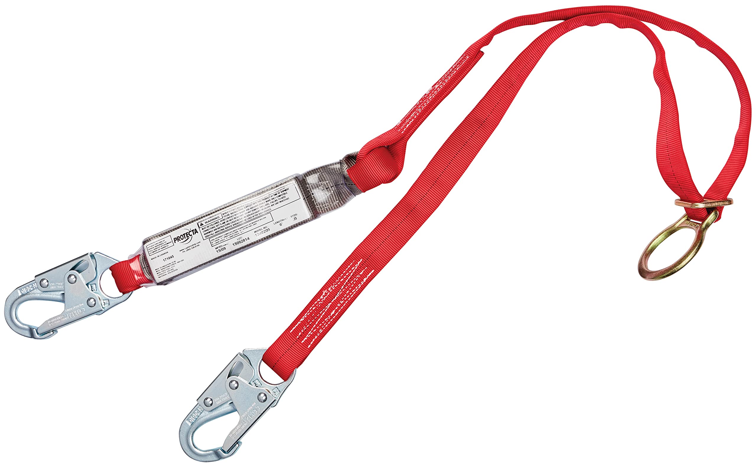 3M Protecta PRO Pack 1340200 6-Foot Shock Absorbing Safety Lanyard with Adjustable D-Rings & Snap Hooks - 310 lb Capacity, Red - Ideal for Construction, Roofing & Fall Protection Work