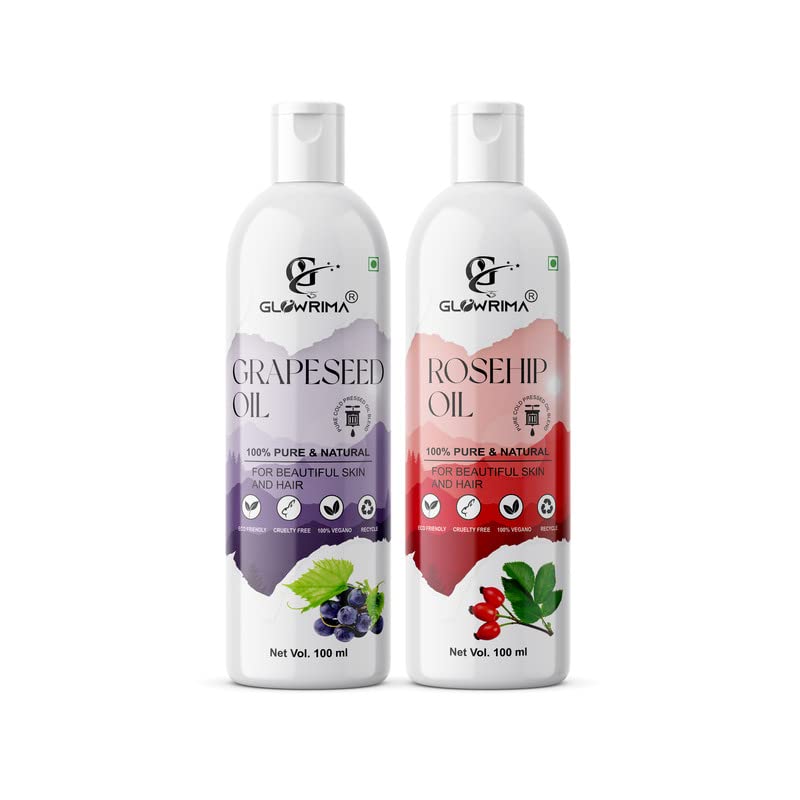Glowrima 100% Pure Grapeseed Oil & Rosehip Oil Combo Set (100ML Each) - Promotes Rapid Hair Growth, Reduces Hair Fall & Split Ends for Softer, Shinier Hair - Ideal for Daily Hair Care & Scalp Massage