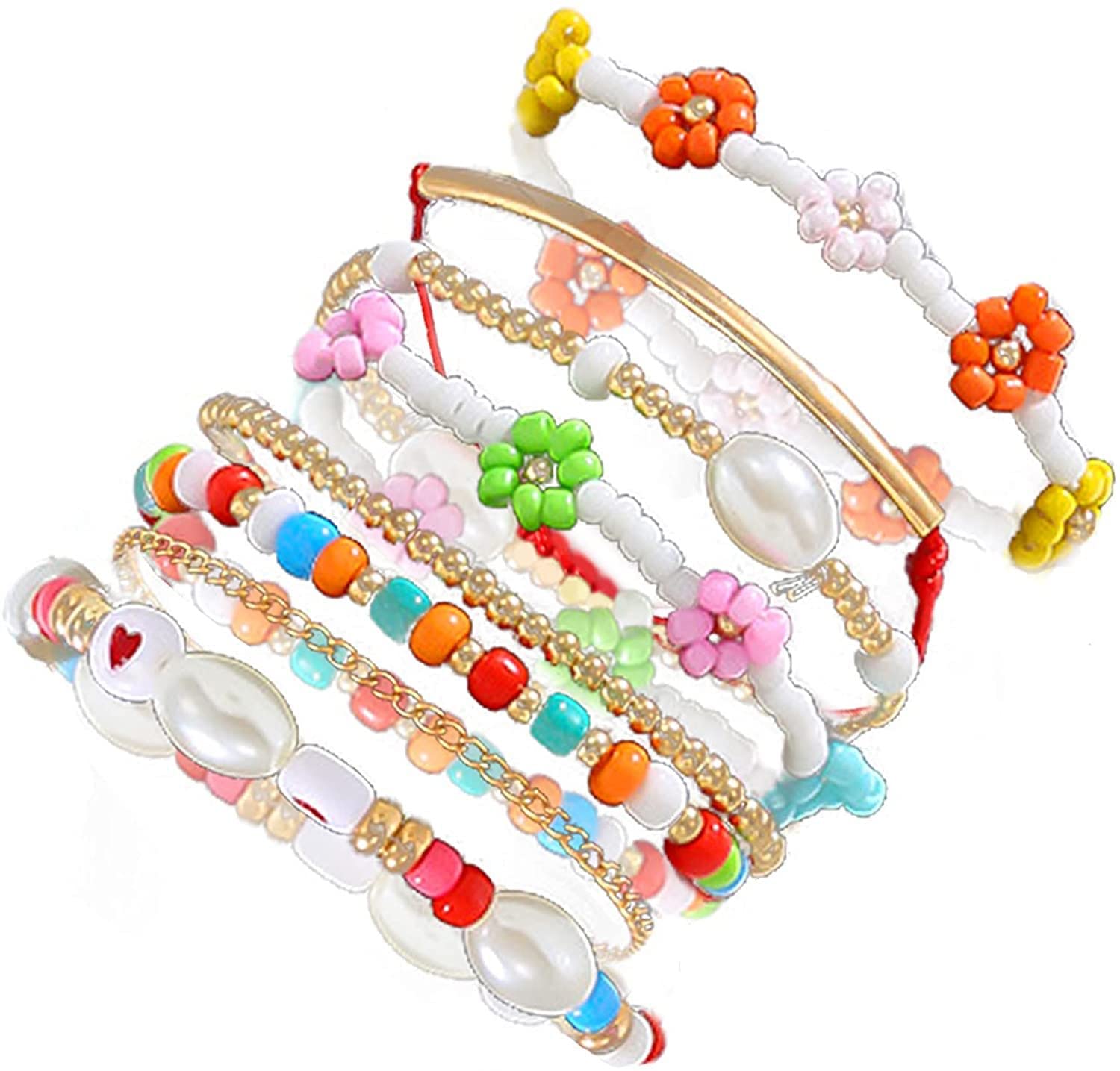 Boho Flower Beaded Bracelets Set for Women - Stackable Stretchy Bracelets & Anklets with Gold Beads, Baroque Pearls & Heart Charms - Summer Beach Vacation Jewelry Gift for Girls (Great for Festivals, Parties & Layered Boho Style)