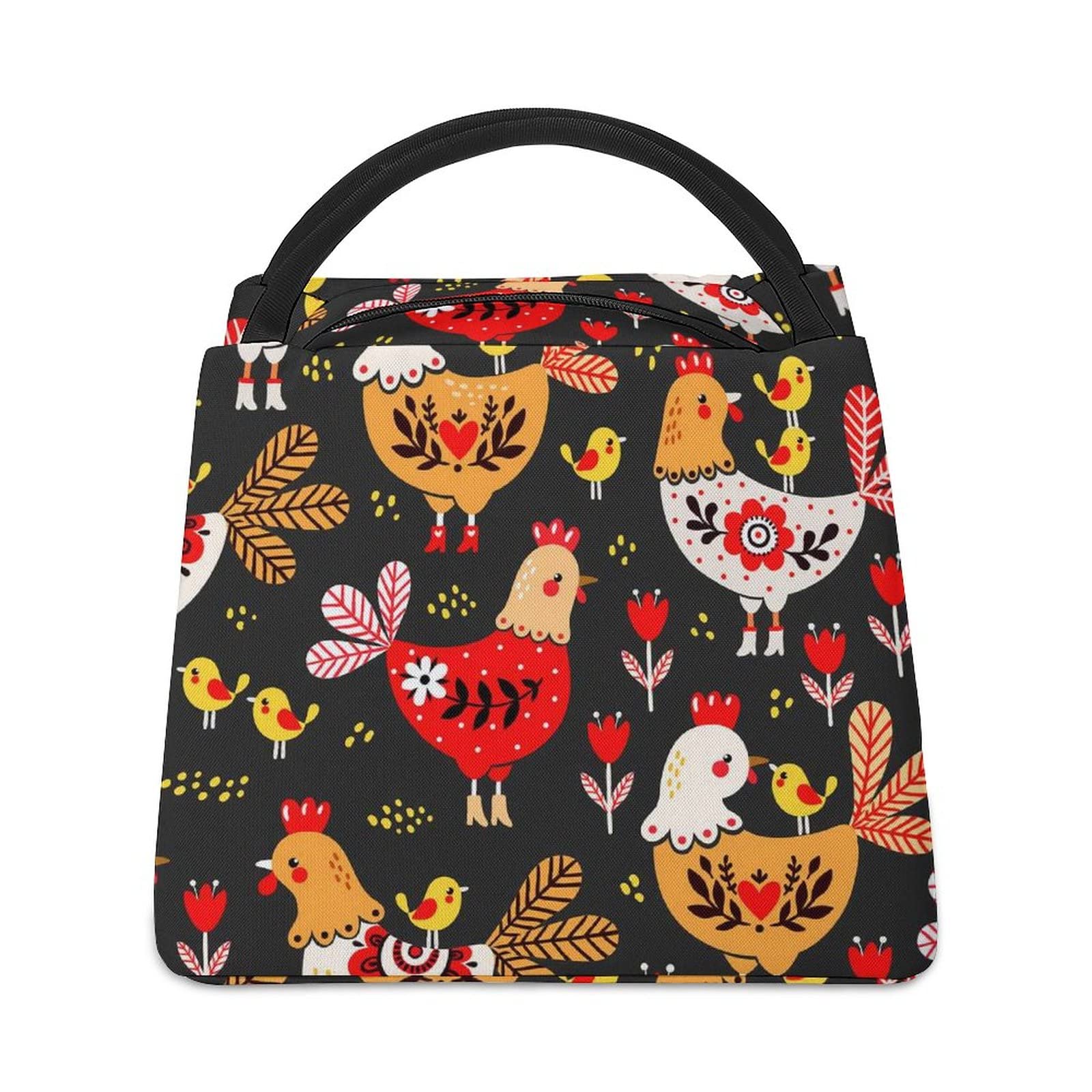 Colorful Rooster Hens Chickens Floral Insulated Lunch Tote Bag - Reusable Thermal Cooler for Work, Office, Picnic, School & Travel | Portable Handbag for Women & Men