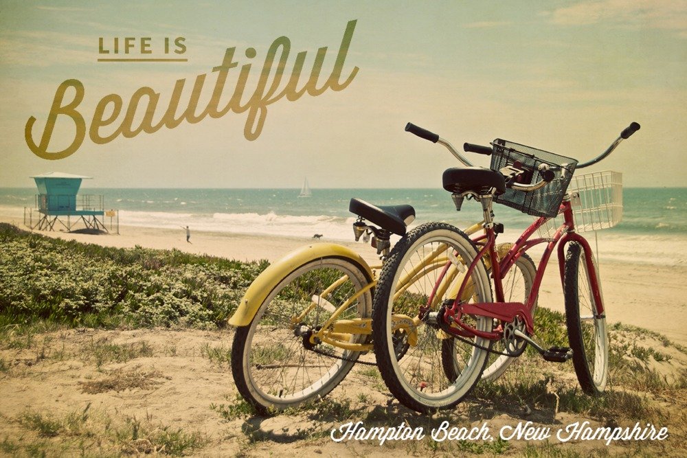 Hampton Beach New Hampshire Travel Poster - Life is Beautiful Beach Cruisers Wall Art (36x54 Giclee Gallery Print) - Perfect for Coastal Home Decor, Beach House Living Room & Vacation Inspiration