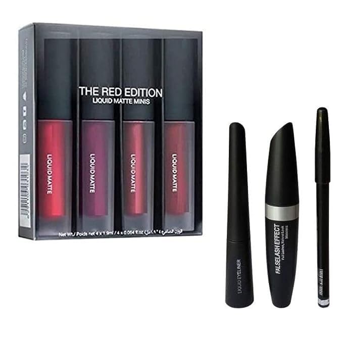 KAARM Liquid Matte Minis Lipstick Set - Red Edition (6ml) with 3-in-1 Eyeliner, Mascara & Eyebrow Pencil Combo - Pack of 7 - Perfect for Party Makeup, Date Night & Special Occasions