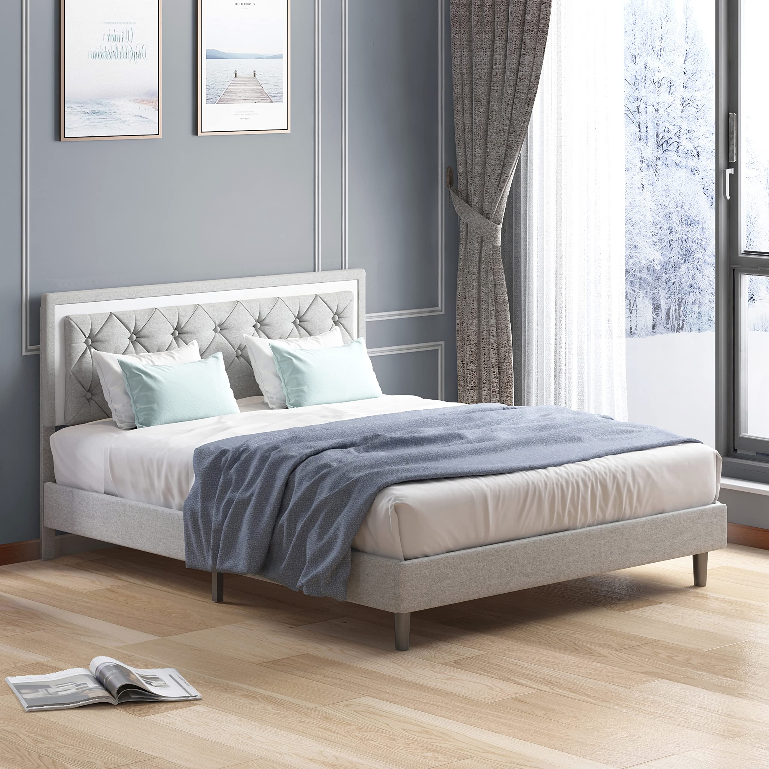 BALUS King Size Platform Bed Frame with Headboard - No Box Spring Needed, Easy Assembly, Light Grey - Modern Bedroom Furniture for Master Bedroom, Guest Room, or Apartment