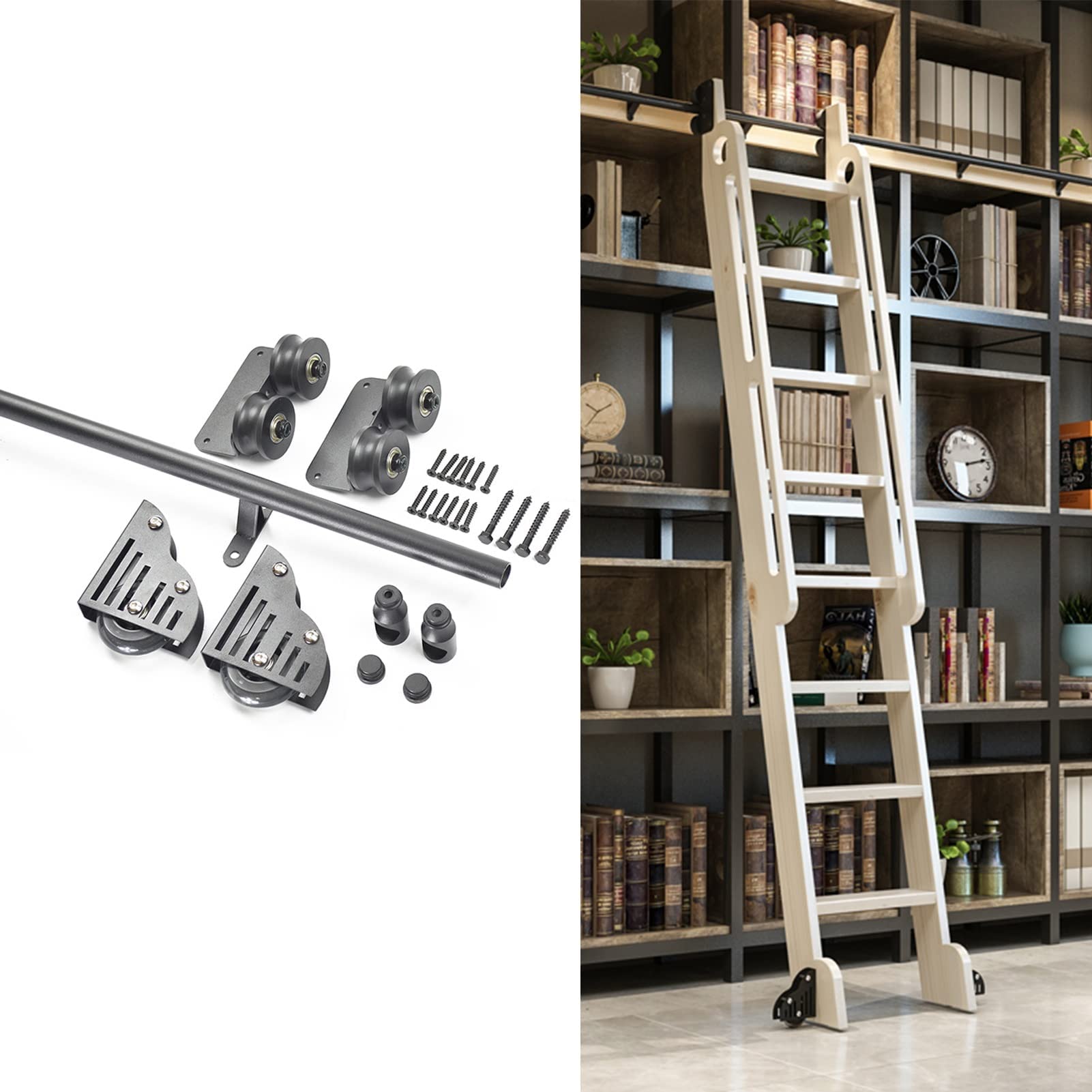 FXJ 3.3ft-20ft Adjustable Sliding Barn Door Hardware Kit with Floor Roller Wheels - Heavy Duty Round Tube Ladder Rail System for Home, Office & Library (No Ladder Included) | Perfect for Bookshelves, Closets & Room Dividers