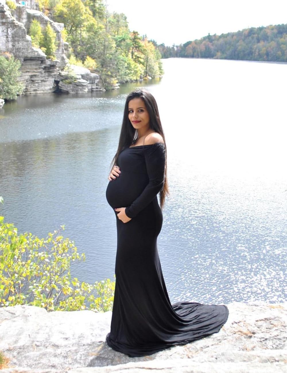 VSNOW Elegant Long Sleeve Maternity Maxi Dress - Slim Fit Pregnancy Photoshoot Gown for Baby Shower, Maternity Photos & Special Occasions