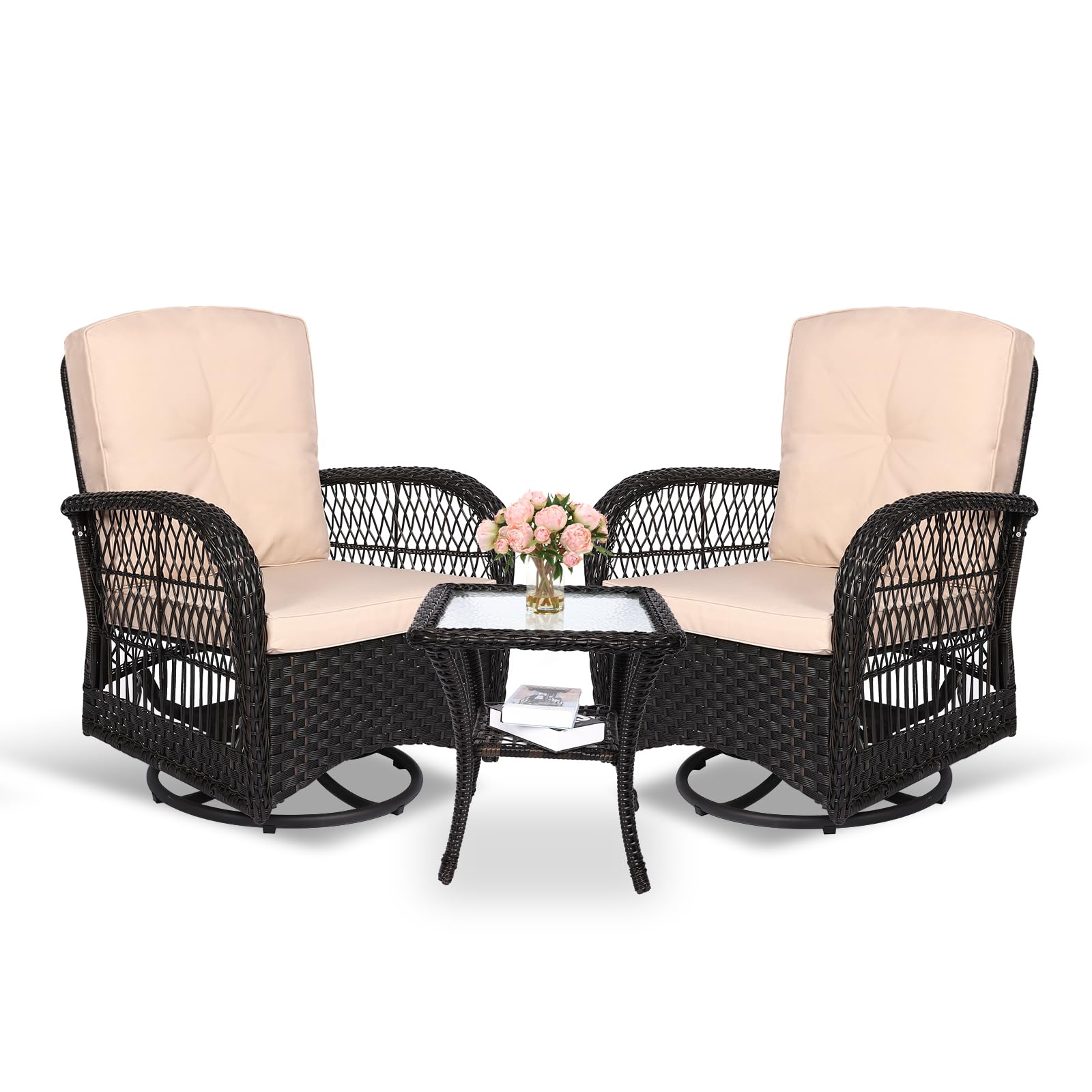 MEETWARM 3-Piece Outdoor Wicker Swivel Rocking Chair Set with Thickened Cushions & Glass-Top Coffee Table - Patio Furniture Conversation Set for Porch, Garden, Backyard (Dark Brown) | Perfect for Relaxing, Entertaining & Outdoor Lounging