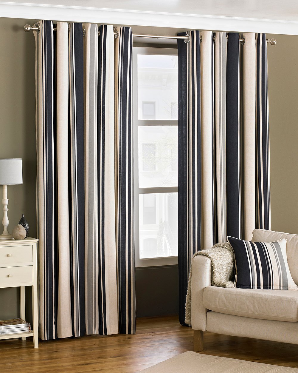Broadway Stripe Black Ring Top Curtains 66
