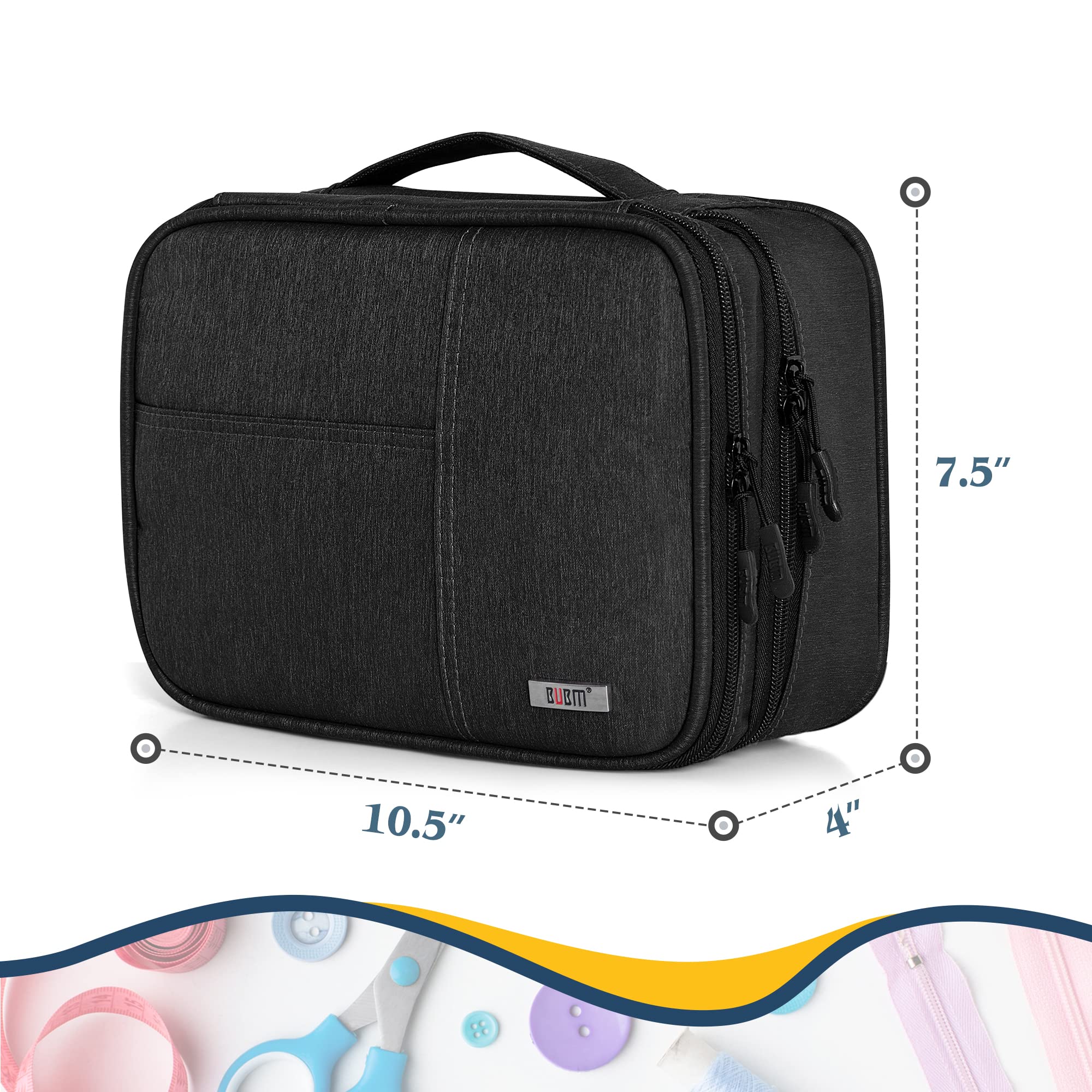 BUBM Double Layer Sewing Organizer with Detachable Dividers - Medium Black Sewing Kit Storage Bag for Needles, Thread & Notions | Perfect for Travel, Home Crafting & Sewing Projects