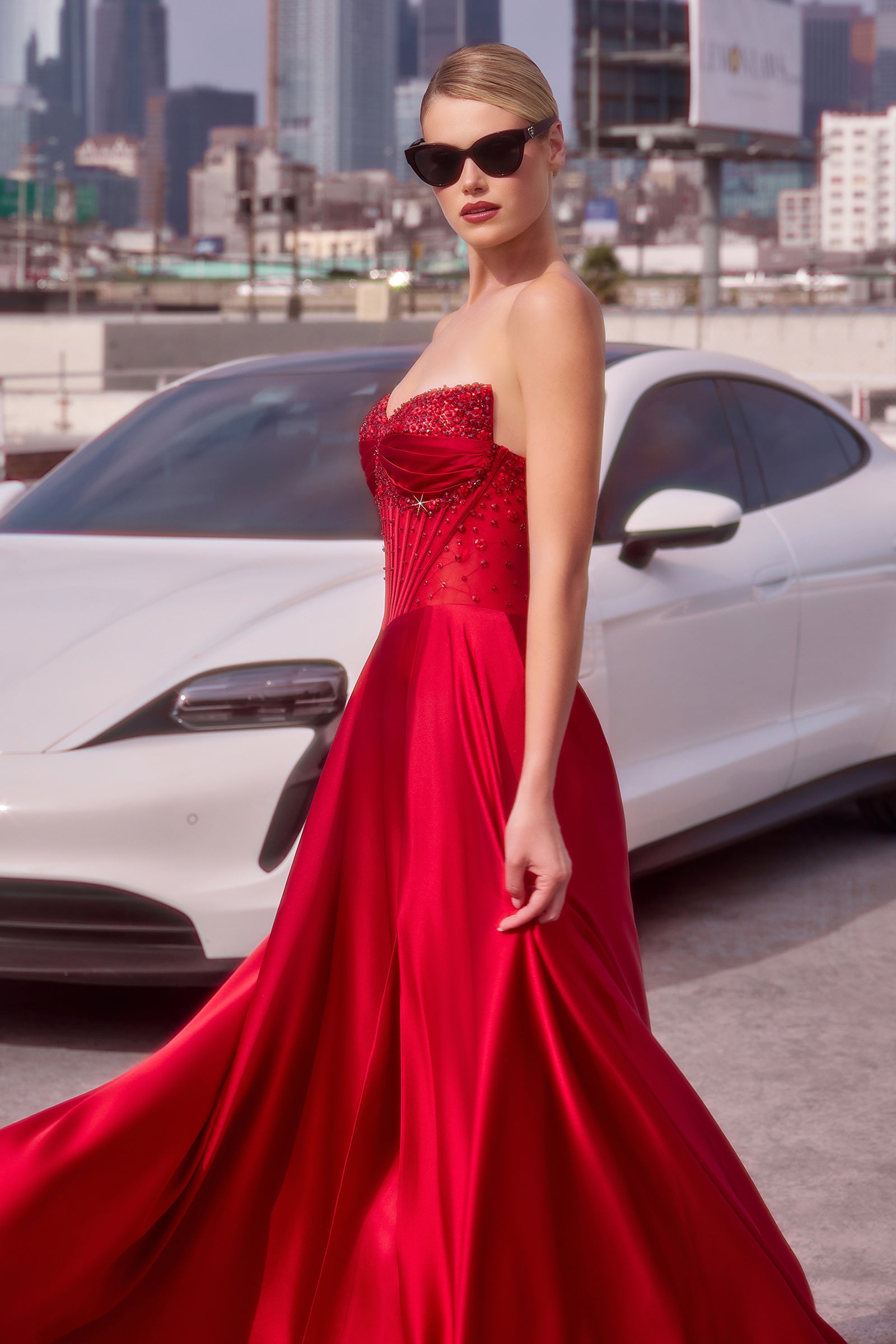 Strapless Beaded Satin A-Line Dress - Elegant Melanie Gown for Prom, Wedding & Evening Events