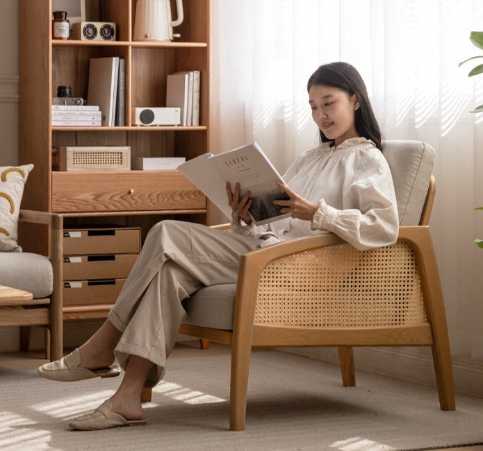 Solid Oak Wood Armchair with Milky Skin Tone Finish and Rattan Accents - Perfect for Living Room, Bedroom, or Office Decor