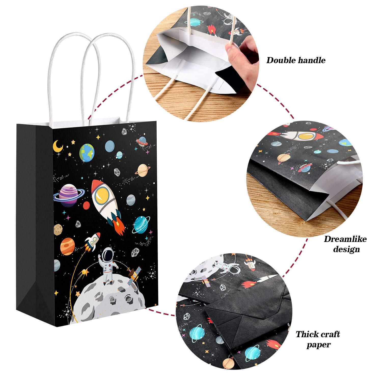 24 Pcs Outer Space Gift Bags with Handles - Galaxy Themed Party Favor Bags for Birthday, Baby Shower & Space Theme Events - Durable Paper Treat Bags for Kids Party Supplies & Classroom Rewards