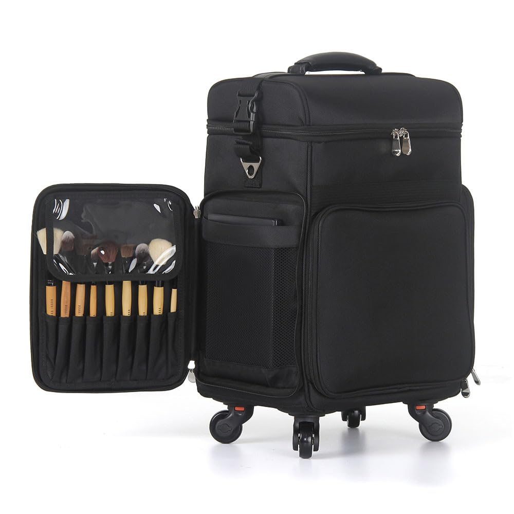 Professional Rolling Makeup Case with 2 Trays & 4 Silent Wheels - Portable Makeup Organizer for Hairstylists, Nail Salons & Beauty Professionals - Perfect for Travel, Salon Storage & Mobile Makeup Services (Black)