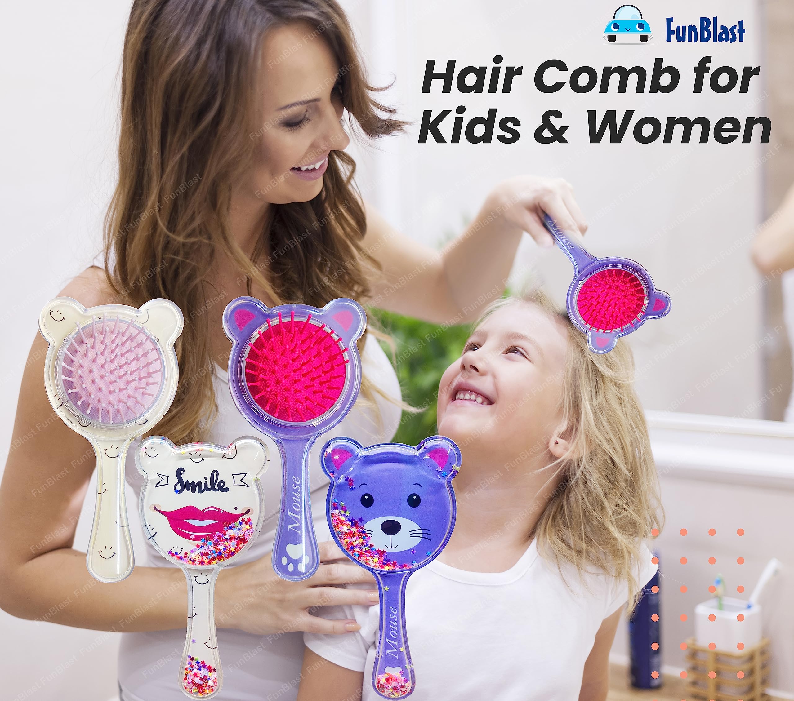 FunBlast 2-Pack Bear Shaped Hair Combs for Girls - Soft Bristle Glitter Hairbrush with Massage Tips, Cute 3D Animal Design Kids Hair Brush (Random Colors) - Perfect for School, Travel & Daily Hair Care