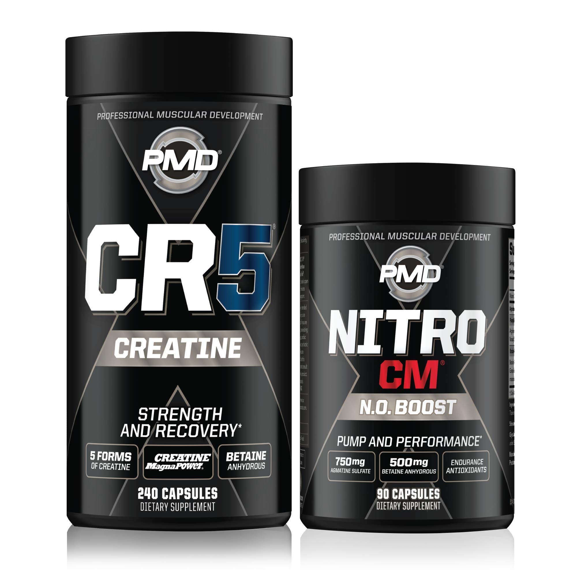 PMD Sports CR5 Professional Creatine Complex 240 Capsules & Nitric Oxide Booster 90 Capsules - Muscle Growth, Strength & Performance Supplement for Athletes & Bodybuilders - Pre Workout & Post Recovery Support