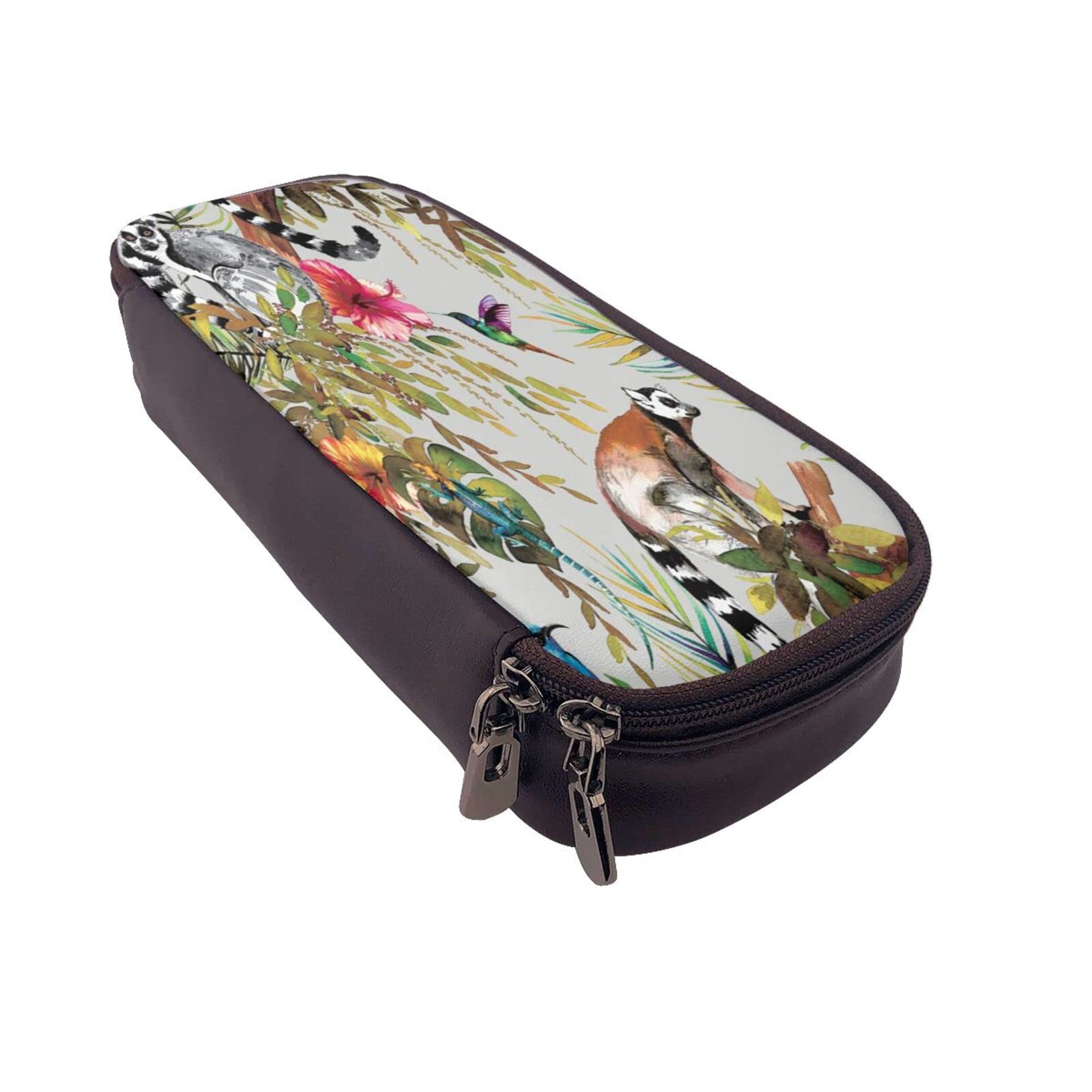 Large Capacity Leather Pencil Case with Lemur & Flowers Pattern - Multi-Purpose Stationery Organizer, Pen Pouch & Makeup Bag for Kids, Teens, Students & Adults - Perfect for School, Office & Travel Organization