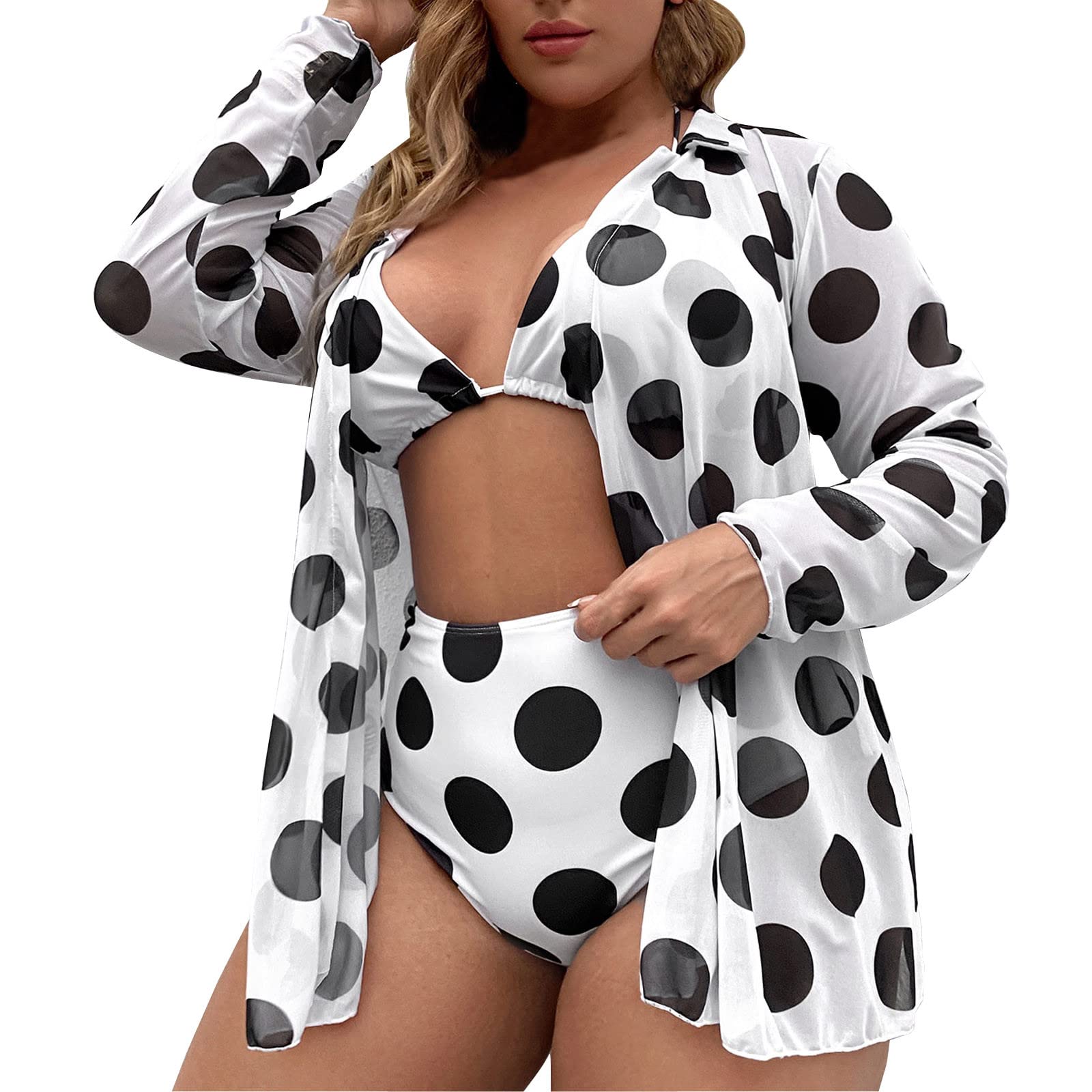 Women's Dot Printed Triangle Halter Bikini Set with Cover Up - 3 Piece Swimwear for Beach, Pool & Vacation | Sexy Summer Swimsuits for Women