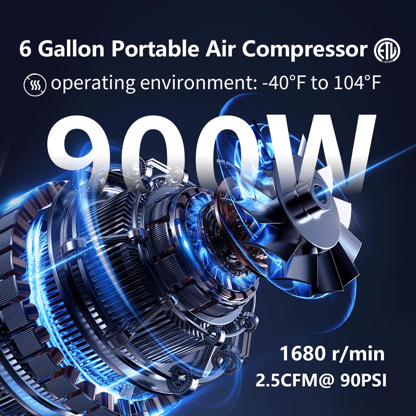 6 Gallon Portable Air Compressor 1HP 2.5 CFM@90PSI - Ultra Quiet 60dB Oil-Free Air Pump for Tires, Pneumatic Tools, Spray Painting - Perfect for Home Garage, Auto Repair & DIY Projects