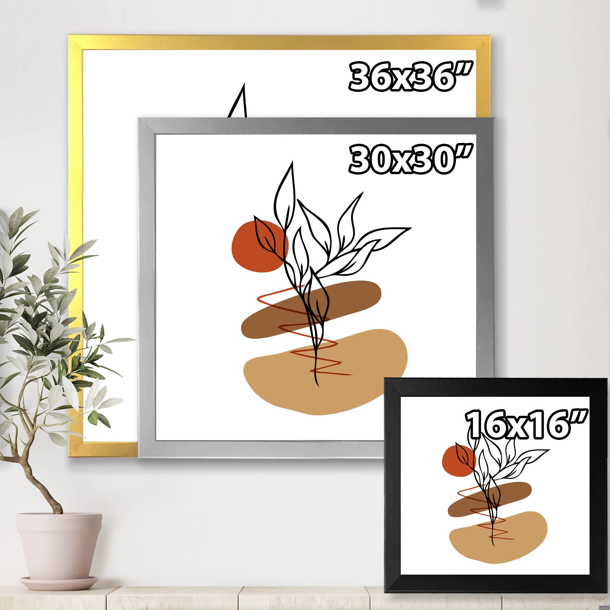DesignQ Modern Abstract Floral & Plant Wall Art - Elementary Shapes Framed Canvas Print for Living Room, Bedroom & Office Decor