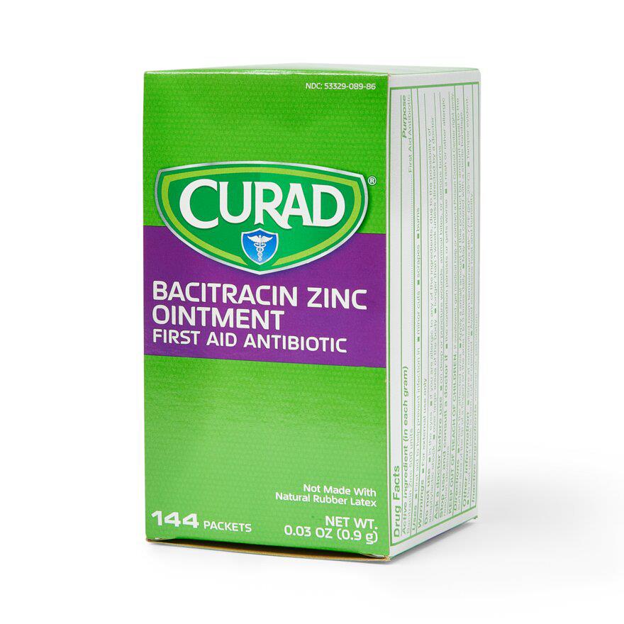 CURAD Bacitracin Zinc Antibiotic Ointment - 0.9g First Aid Wound Care Treatment (144 Foil Packets/Box) - Ideal for Minor Cuts, Scrapes, and Burns at Home, Work, or Outdoor Activities