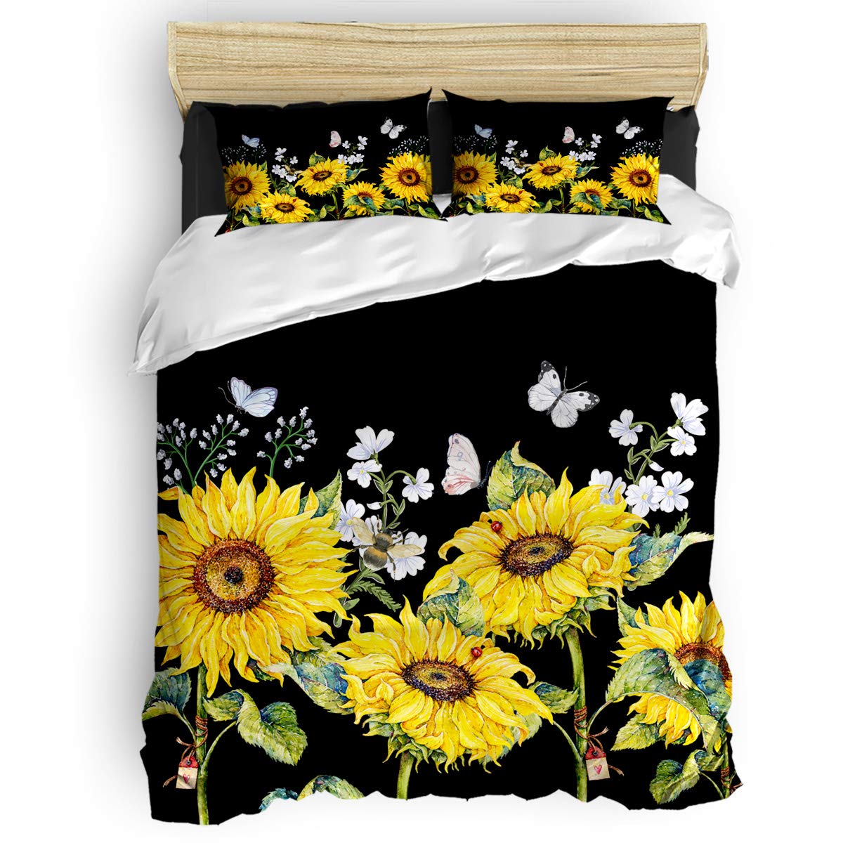 4 Piece California King Bedding Set - Sunflower Park Butterfly Oil Painting Comforter Cover with 2 Pillowcases, Soft Bed Sheets for Kids & Teens Bedroom - Perfect for Girls, Boys, and Guest Rooms