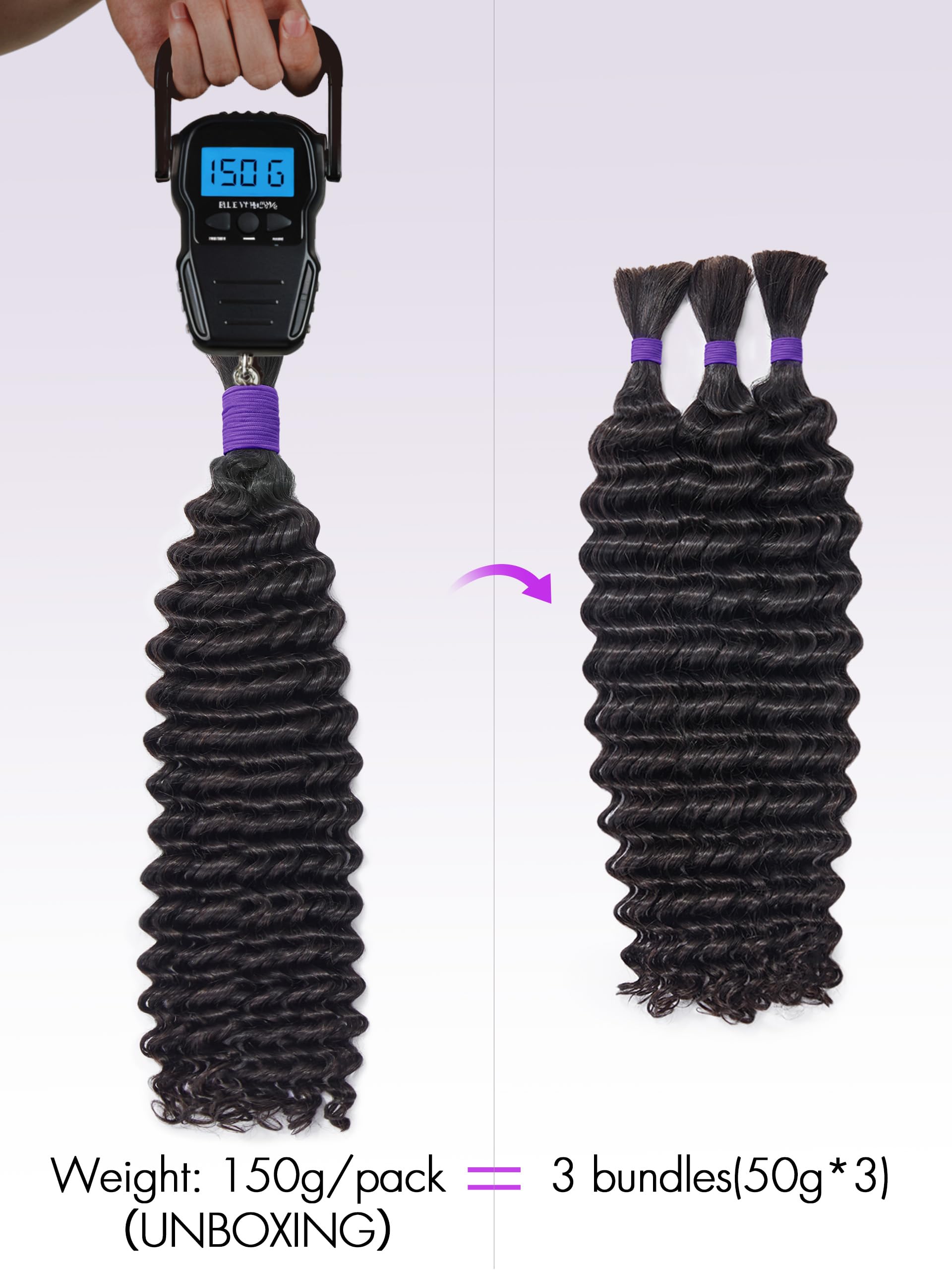 24 Inch Deep Wave Brazilian Virgin Hair 3-Pack (150g) - 100% Unprocessed Grade 12A Human Hair Extensions for Braiding | Natural Black Color, No Weft, Bohemian Style | Perfect for Protective Styles, Box Braids & Crochet Hairstyles