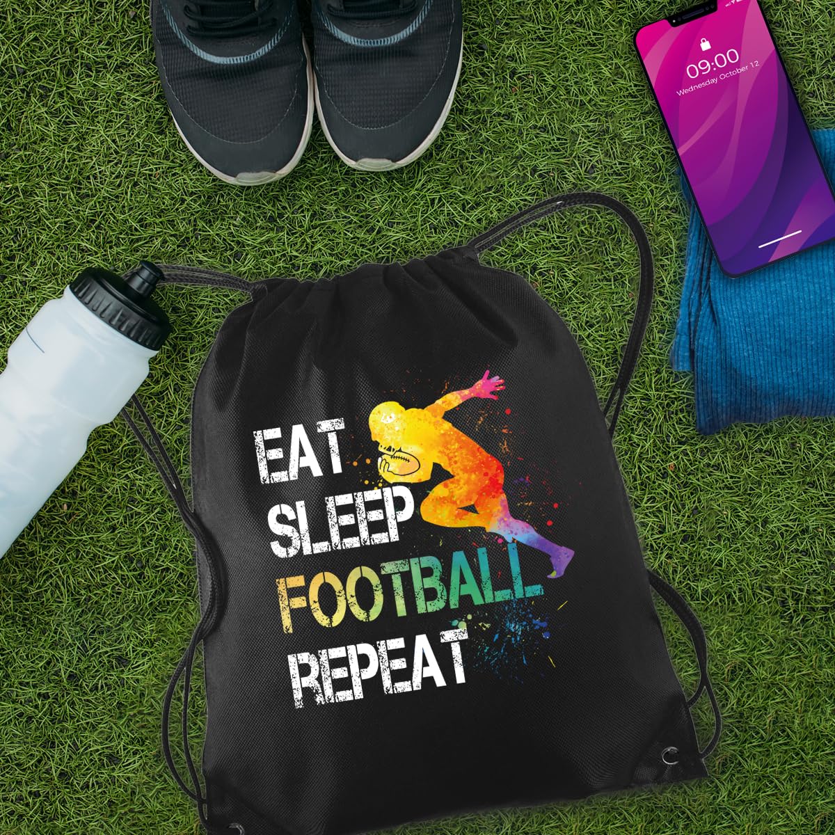 Waterproof Football Drawstring Backpack for Men & Women - Sport Sackpack for Football Lovers & Fans - Funny Birthday Christmas Gym Bag Gift for Him Her - Perfect for Training, Games & Travel
