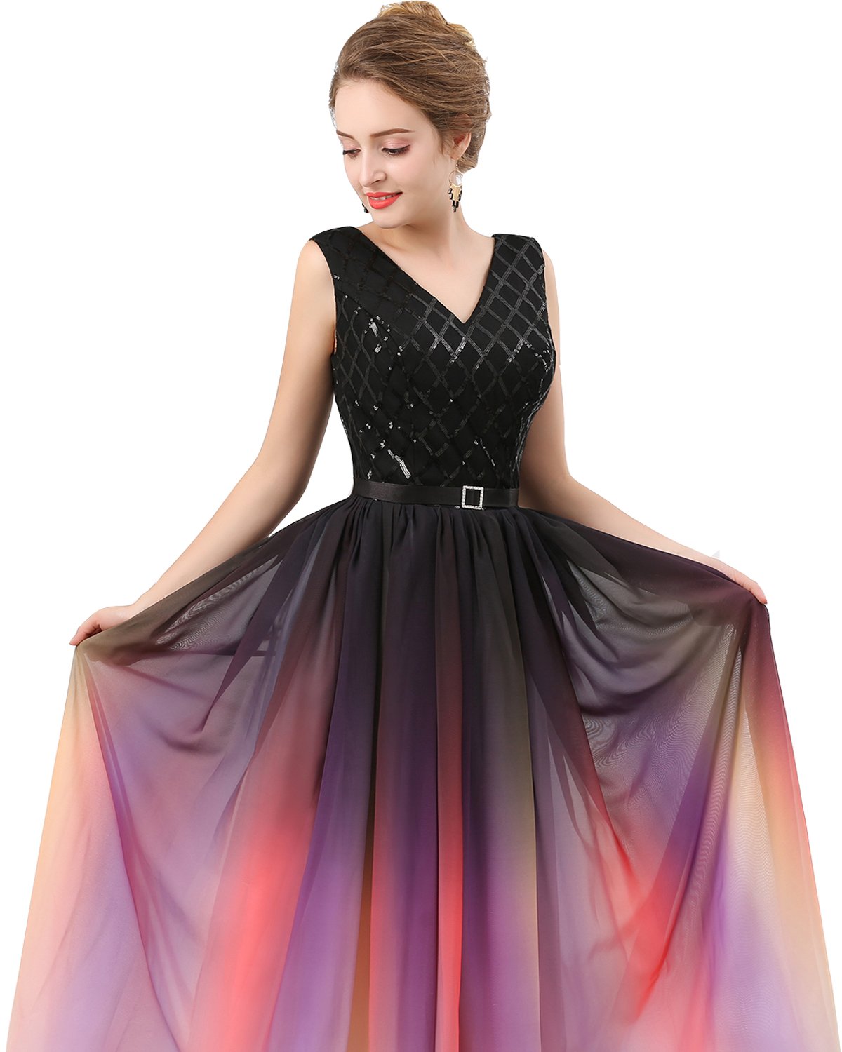 Lemai Elegant V-Neck Long Sequined Chiffon A-Line Corset Prom Evening Dress for Women - Perfect for Formal Events, Weddings & Black Tie Parties