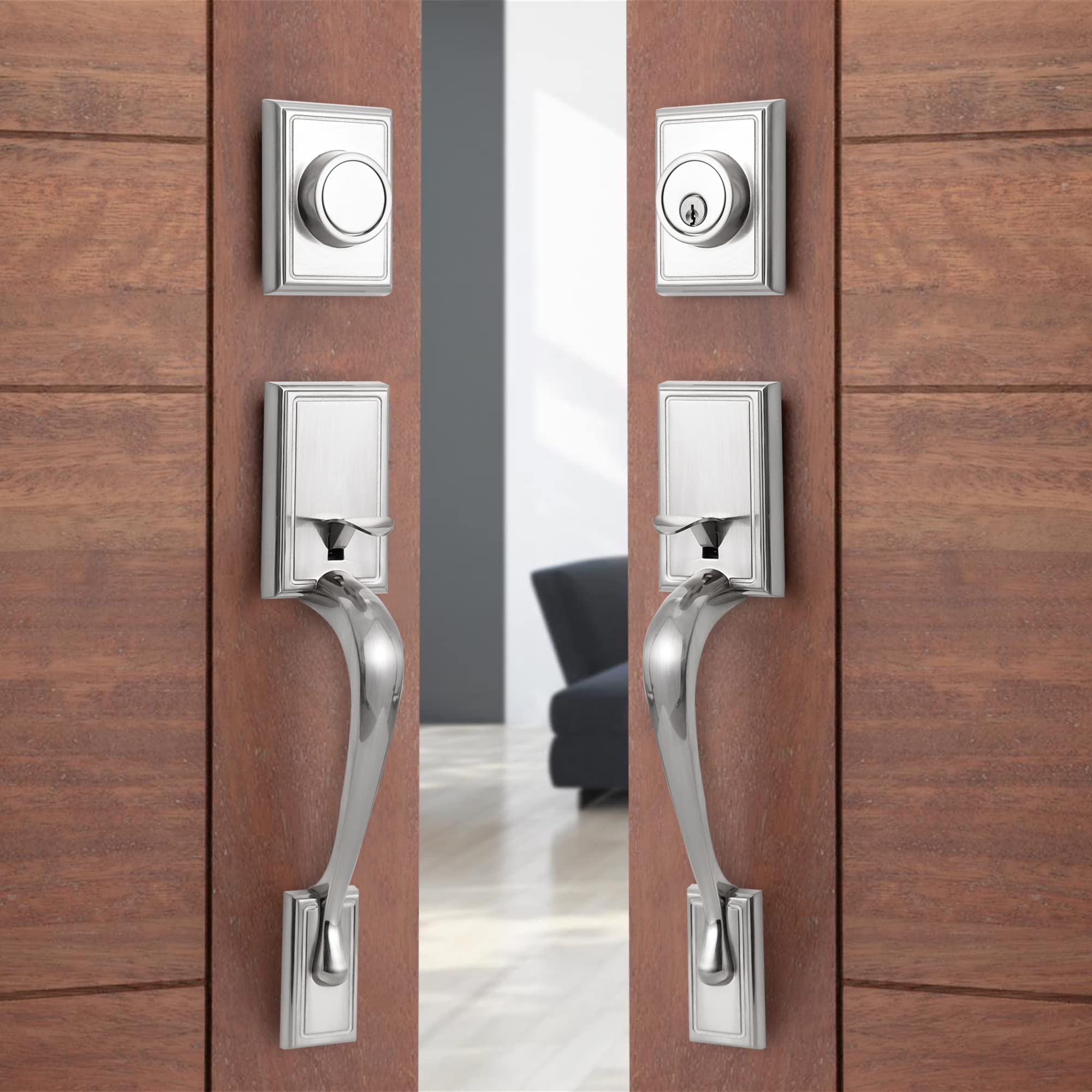Heavy Duty Double Door Handleset with Dummy Handle - Satin Nickel Front Entry Lever Lock Set S117 for Home & Office Security | Perfect for Front Doors, Bedrooms, and Office Entrances