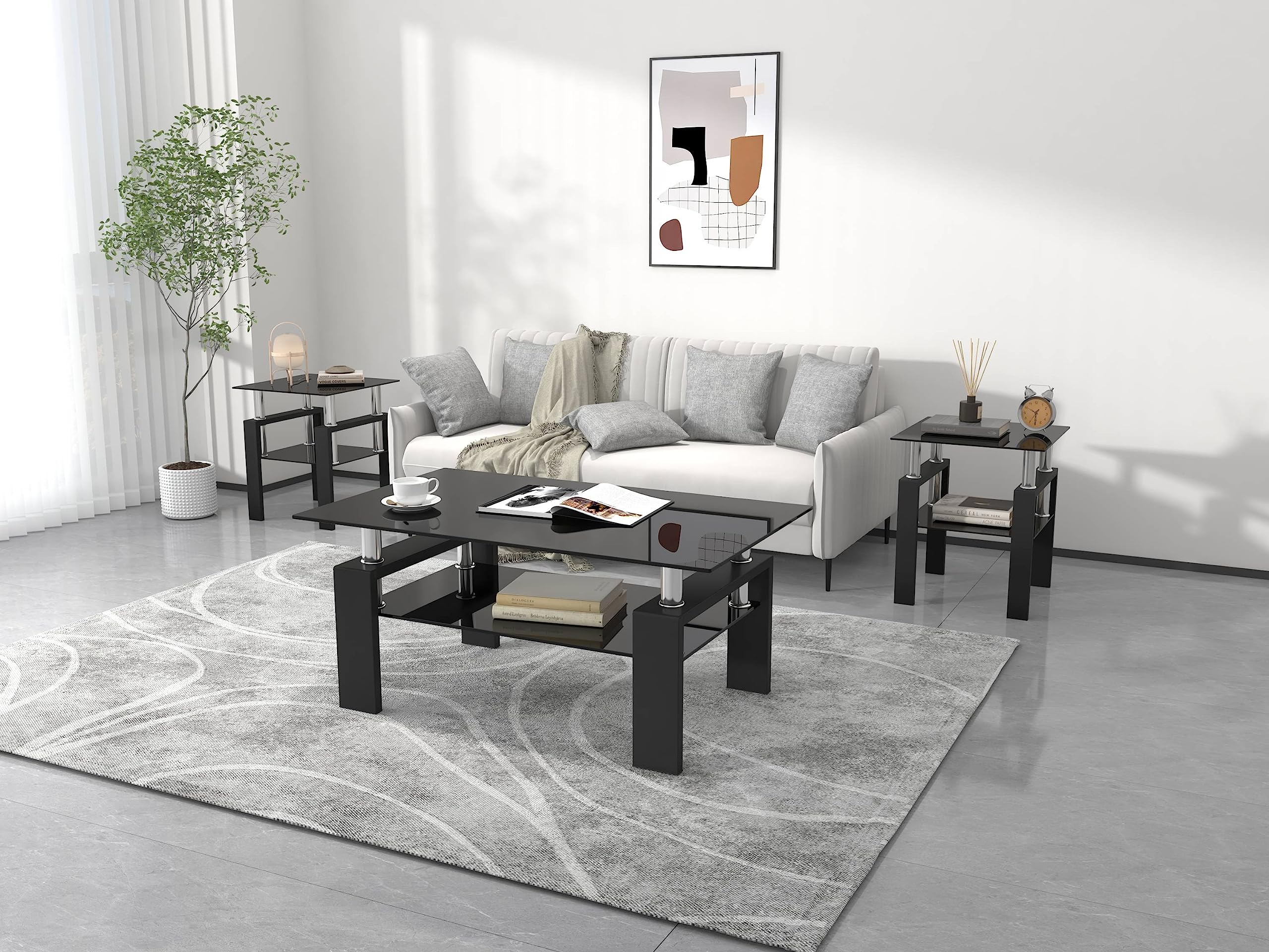 IANIYA 3-Piece Modern Tempered Glass Coffee Table Set - Black Living Room Furniture with Sleek Design & High Capacity - Perfect for Small Spaces, Apartments, and Contemporary Home Decor