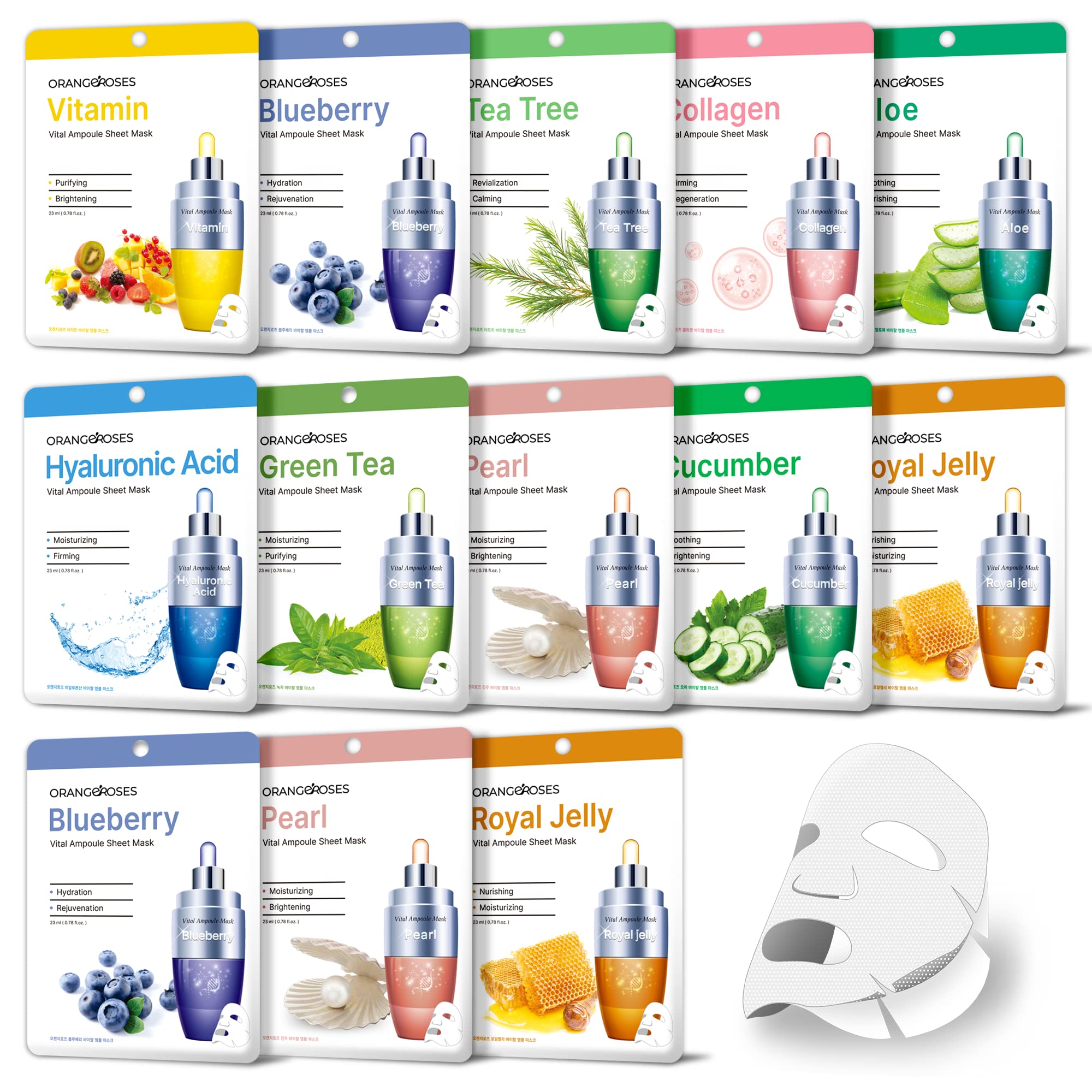 Orangeroses 13-Piece Korean Vital Ampoule Sheet Mask Set - Hydrating, Anti-Wrinkle & Brightening Facial Skincare | New Upgraded Formula for Daily Skincare Routine | Perfect for Dry Skin, Night Care & Glow Boosting