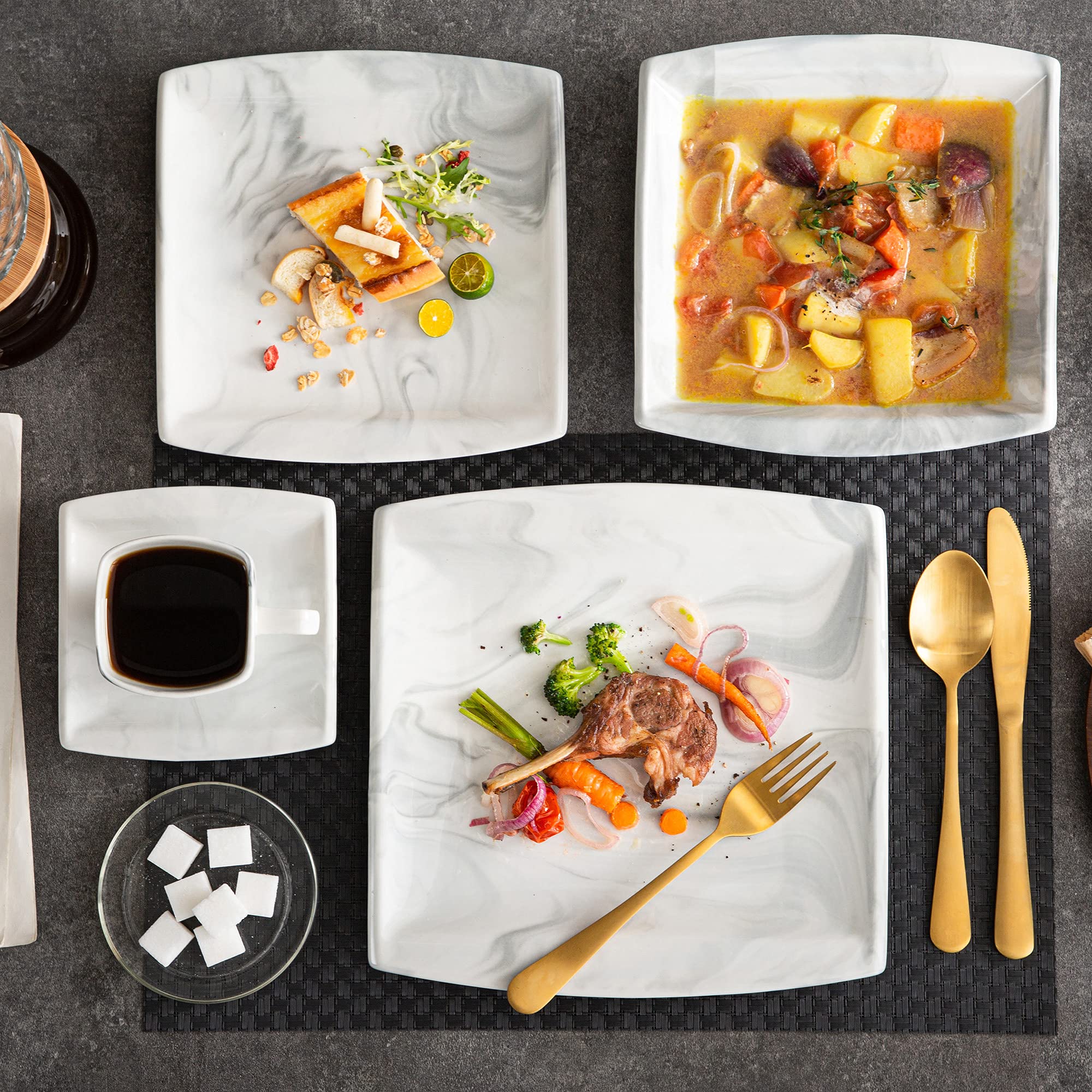 MALACASA 30-Piece Square Porcelain Dinnerware Set for 6 - Marble Grey Plates & Bowls with Dinner Plates, Dessert Plates, Soup Bowls, Cups & Saucers | Dishwasher & Microwave Safe, Blance Series | Perfect for Family Dinners, Dinner Parties & Restaurant Use