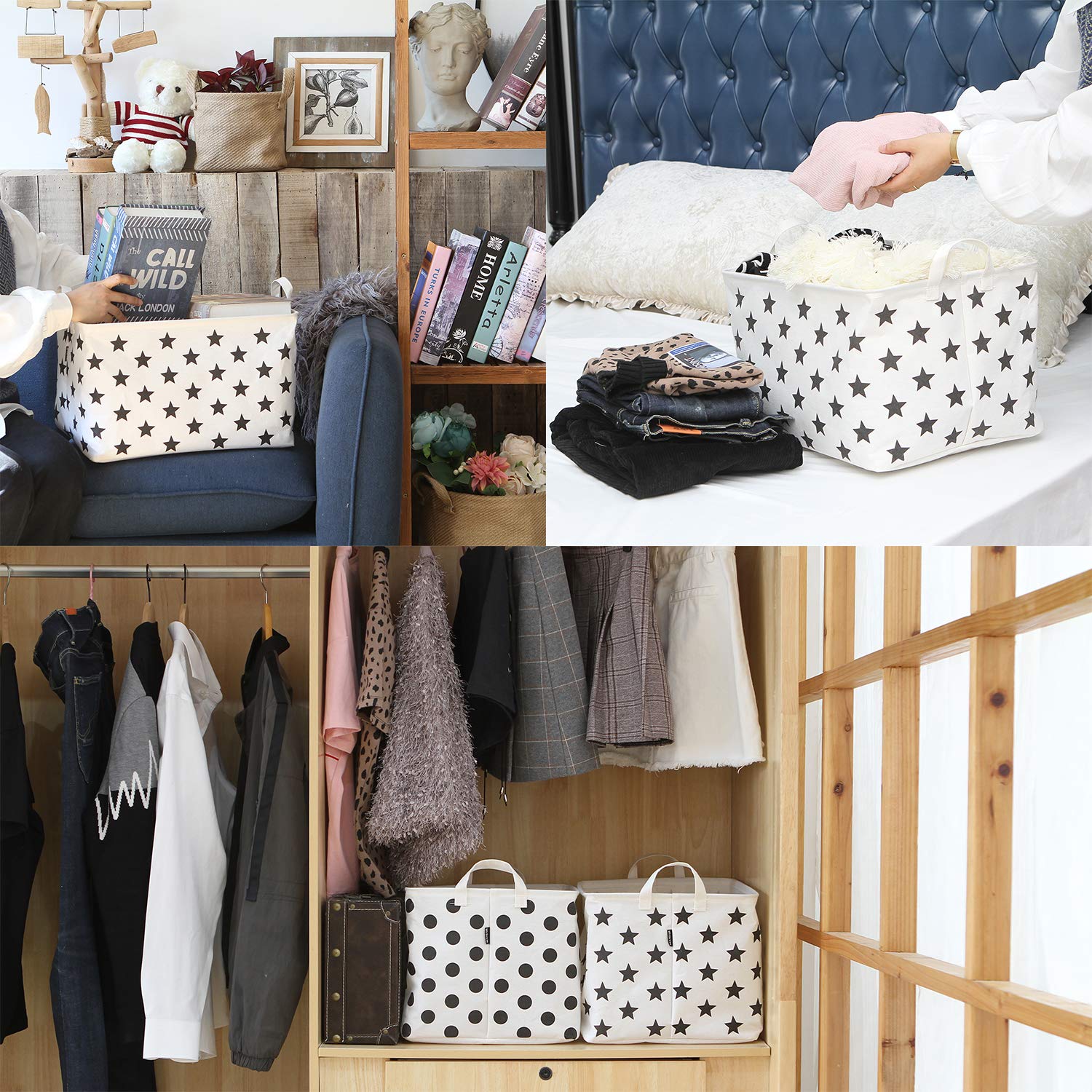 Collapsible Canvas Storage Basket with Handles - 16.5 x 11.8 x 9.8 Inch Foldable Waterproof Fabric Bin for Closet, Shelf & Home Organization - Black Star Pattern (Perfect for Bedroom, Bathroom & Kids Room Storage)