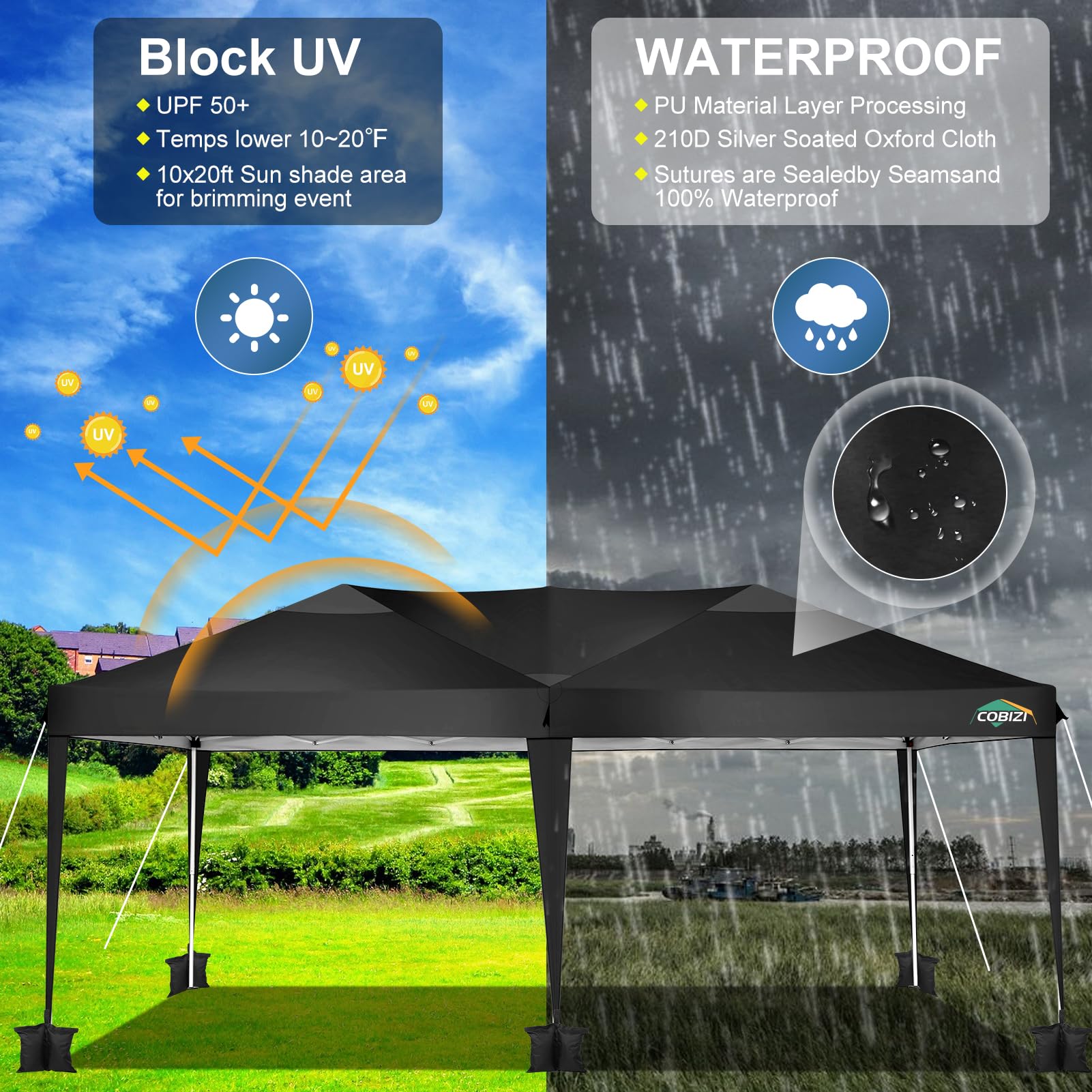 COBIZI 10x20ft Pop Up Canopy Tent - Waterproof Instant Shelter for Outdoor Events, Weddings, Parties & Commercial Use | Portable Gazebo for Backyard, Camping & Car Protection | Easy Setup Commercial Canopy