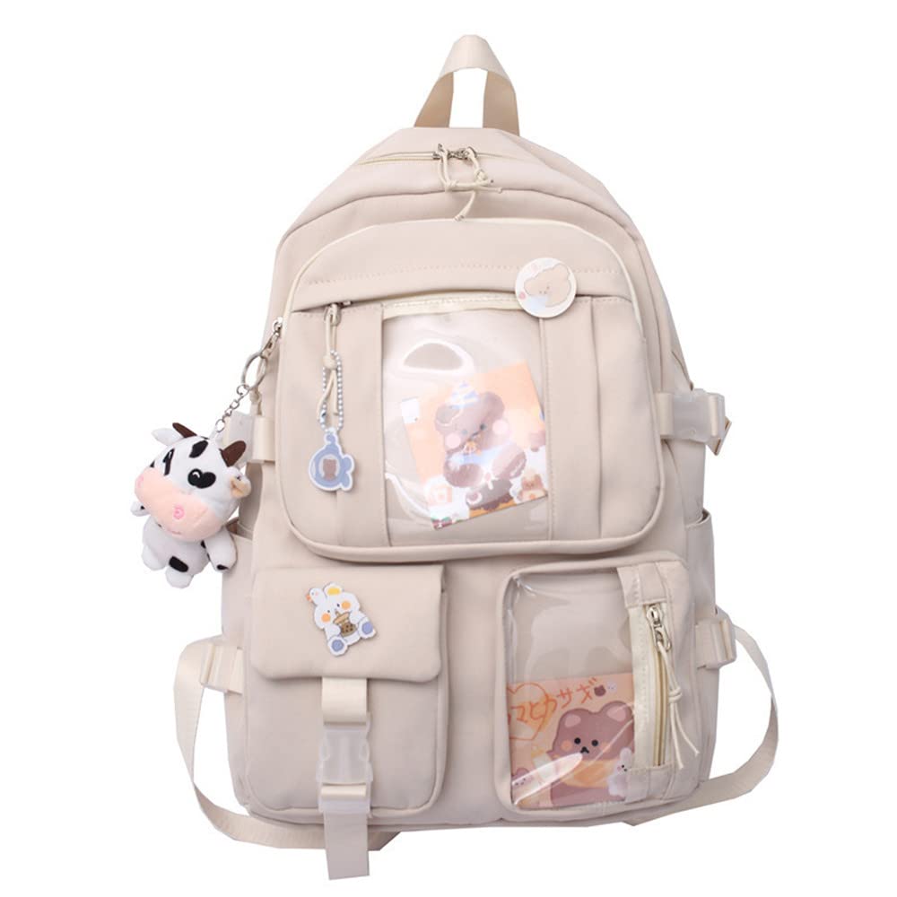 Cute Kawaii Backpack for School - Aesthetic Beige Backpack with Pins for Boys & Girls | Perfect for School, Travel & Everyday Use