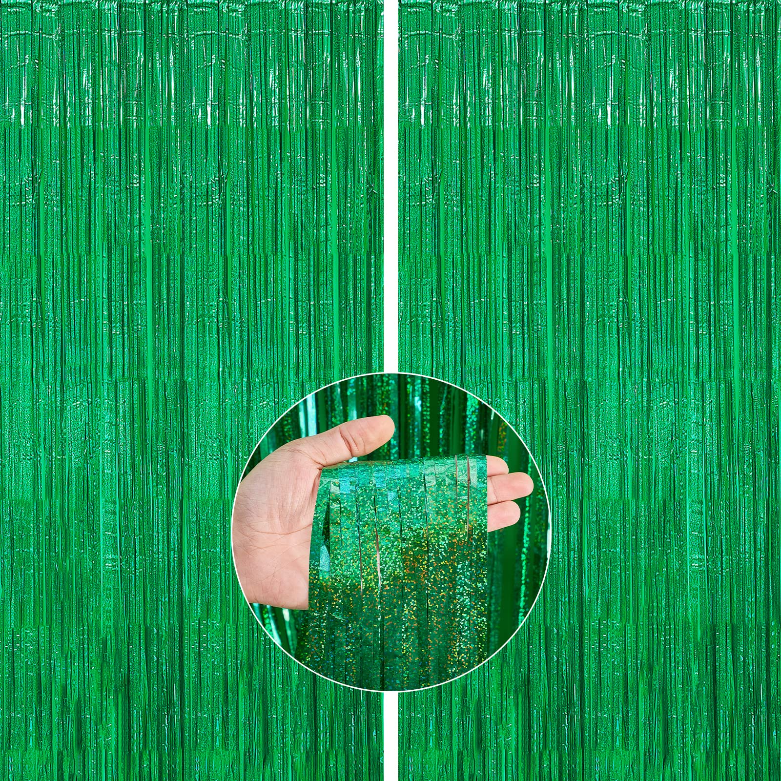 PartyWoo Green Foil Fringe Curtain Backdrop - 2 Pack Metallic Tinsel Streamers for Photo Booth | Mardi Gras, Graduation, Jungle Theme, Birthday & Christmas Party Decorations | Perfect for Festive Events, Home Decor & Social Media Backdrops