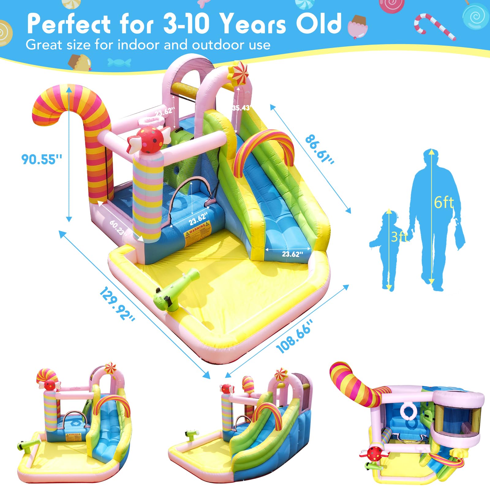**6-in-1 Inflatable Bounce House Water Slide - Sweet Candy Water Park with 450W Blower, Splash Pool for Kids & Adults | Wet & Dry Combo Bouncy Castle for Backyard Parties, Summer Fun & Outdoor Play**