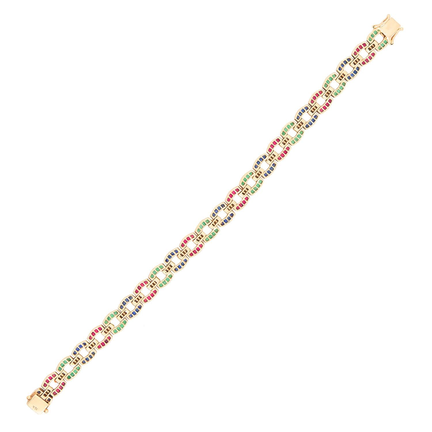18k Gold Emerald Ruby Sapphire Diamond Line Bracelet for Women - Elegant Jewelry Gift for Wedding, Anniversary & Special Occasions