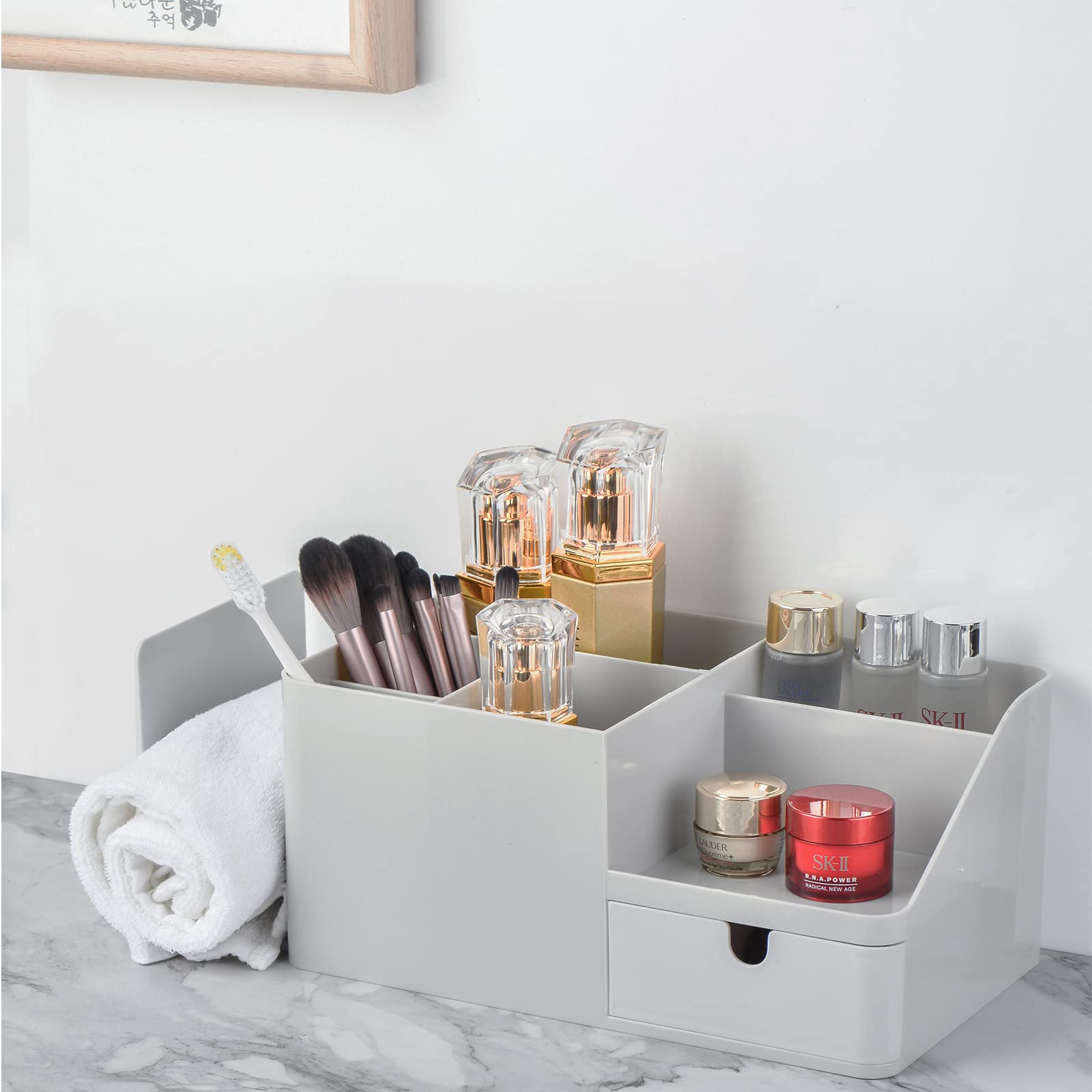 Large Capacity Desk Organizer with Drawer - Bookends, Stationery Supplies & Bookshelf Accessories - Plastic Pen Holder & Makeup Storage Caddy (Grey) - Perfect for Office, Study & Home Organization