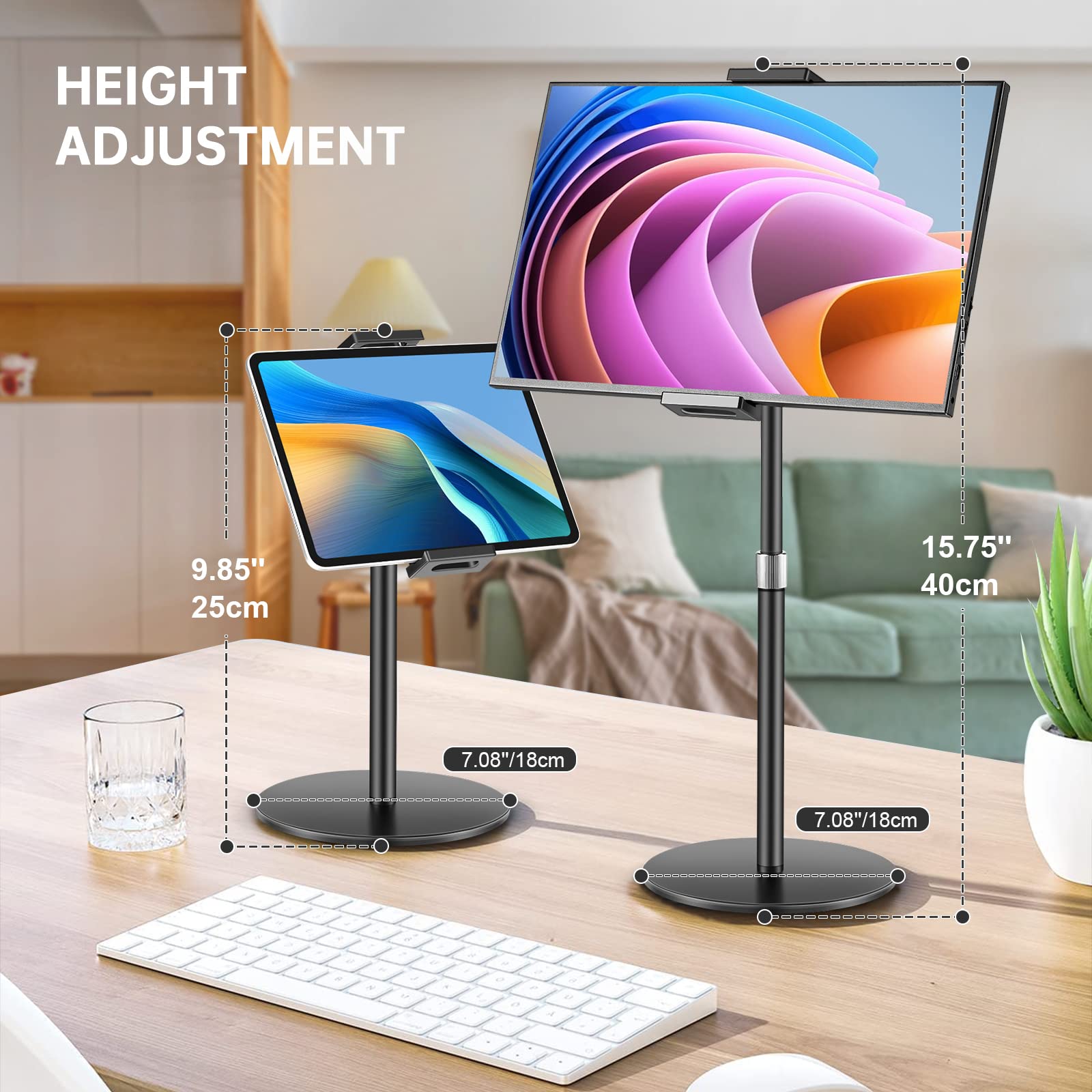 Adjustable Tablet Stand Holder for iPad Pro/Air/Mini, Portable Monitor Stand for 15.6-17.3 Inch Laptops - Heavy Duty Wide Base Desk Stand Compatible with Kindle, Smartphones, Displays - Perfect for Home Office, Gaming & Video Calls