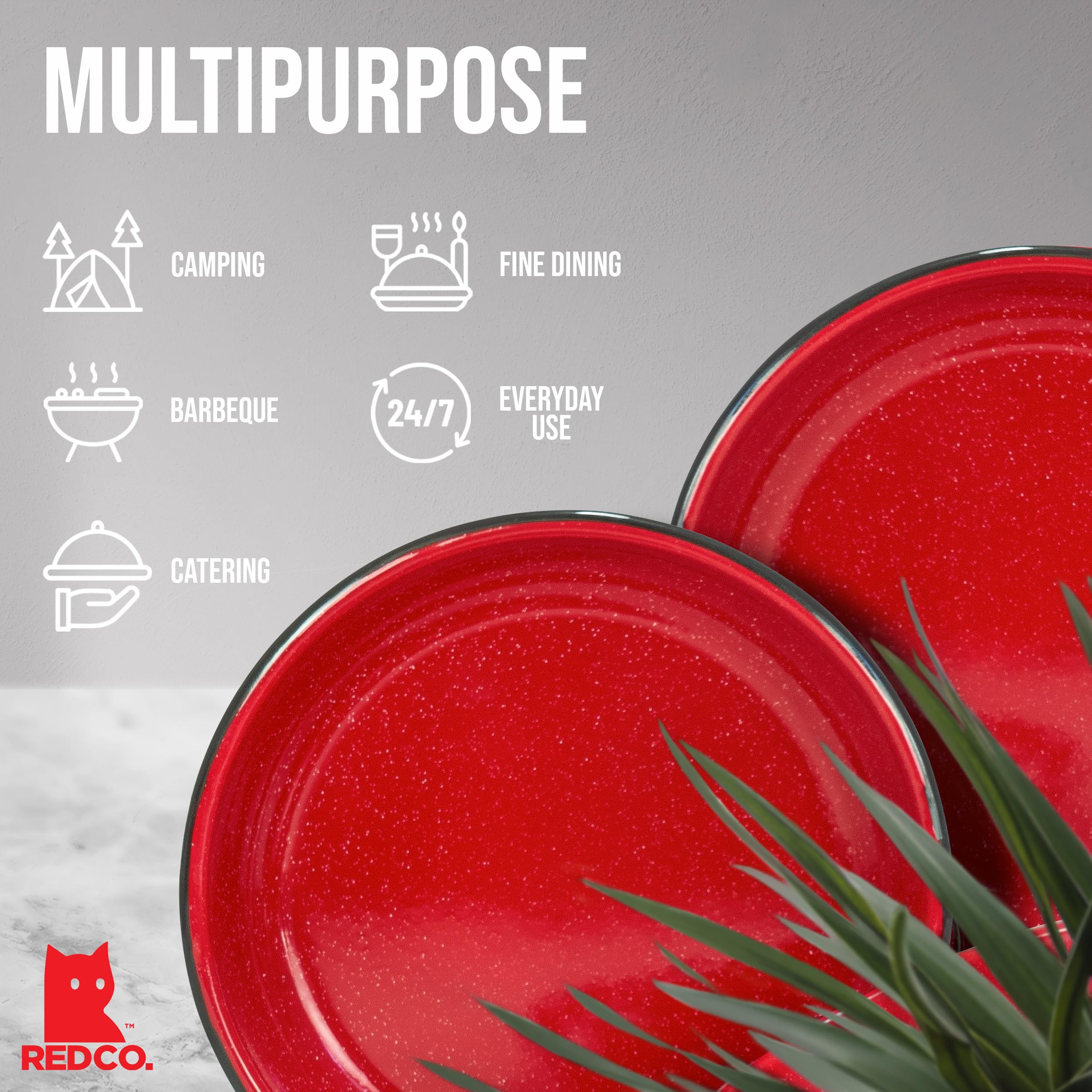 Red Co. Set of 4 Enamelware Metal 10” Round Camping Plates - Speckled White with Red/Black Rim | Durable Outdoor Dinnerware for Picnics, BBQs & Camping Trips