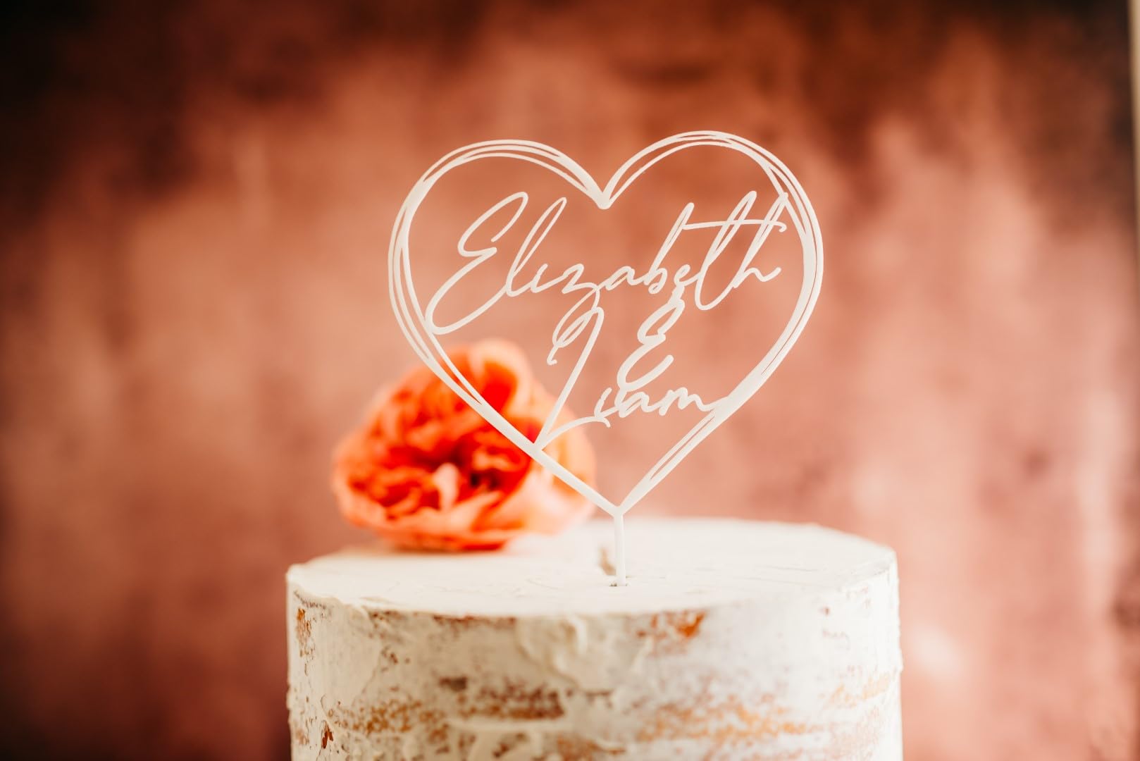 Custom Cursive Heart Wedding Cake Topper - Personalized Acrylic & Wood Cake Decor with Modern Handwriting - Elegant Rustic Birthday & Anniversary Cake Topper for Weddings, Anniversaries & Special Celebrations
