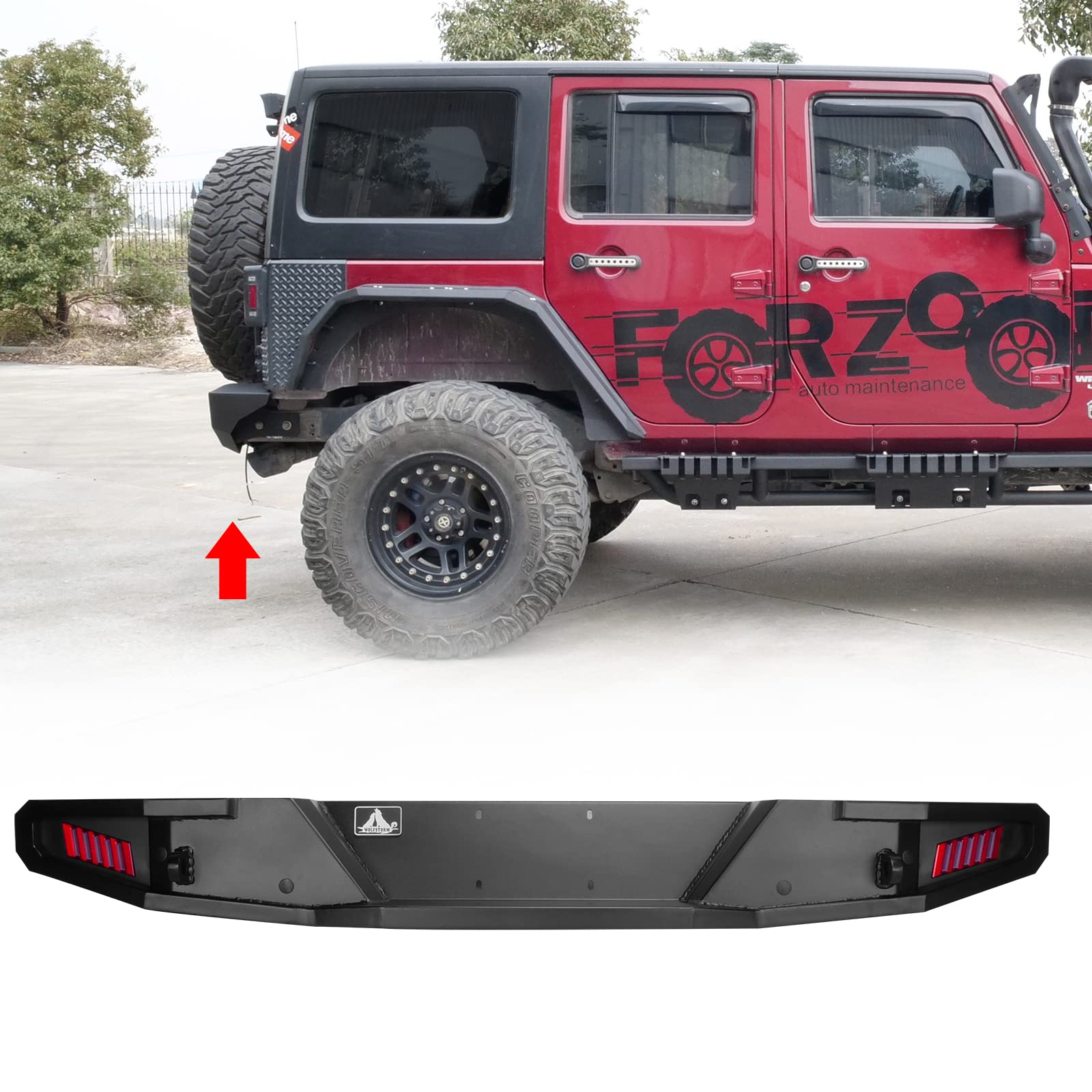 Wolfstorm Heavy Duty Rear Bumper for 2007-2017 Jeep Wrangler JK - Black Powder Coated Steel with 2 LED Brake Lights & Tow Hooks | Off-Road Protection & Towing Accessory | Perfect for Jeep Modifications, Overlanding & Trail Adventures