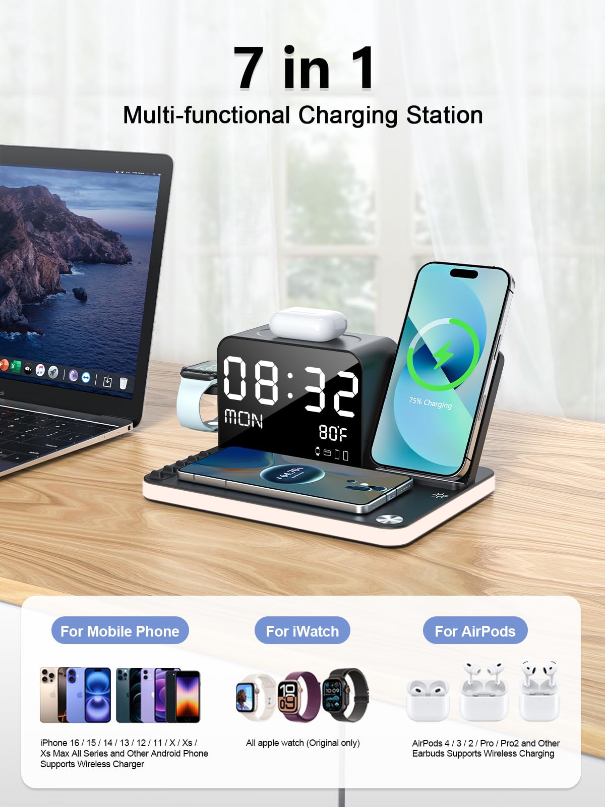 7-in-1 Wireless Charging Station for iPhone 16/15/14/13/12 Series, AirPods, iWatch & Android Phones - 33W Fast Charger with Night Light, Bluetooth TimeSync & Temperature Display | Perfect for Bedside, Office Desk & Travel Charging