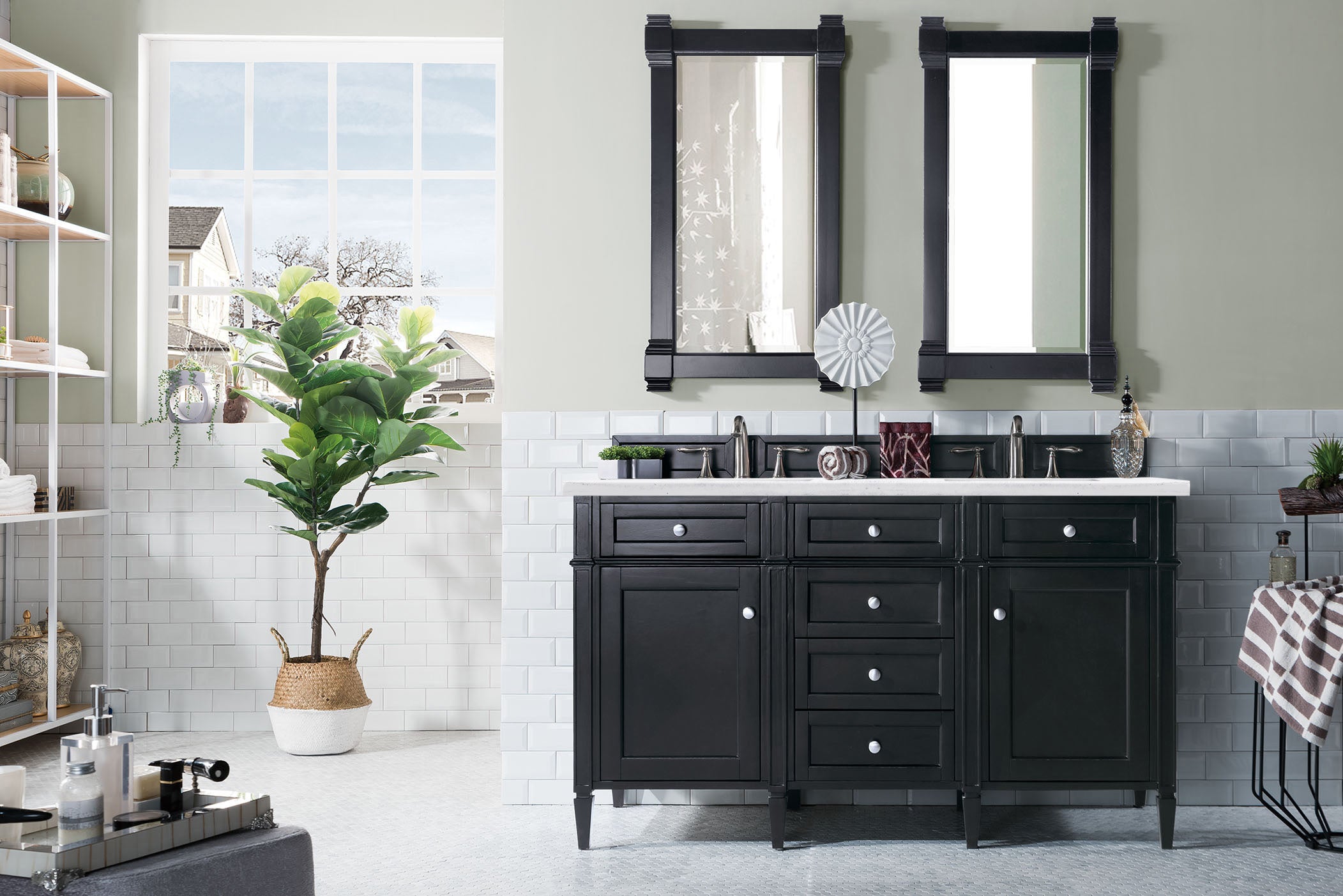 Brittany 60-Inch Black Onyx Double Bathroom Vanity with 3CM Arctic Fall Solid Surface Countertop - Perfect for Master Bathroom & Luxury Home Renovation