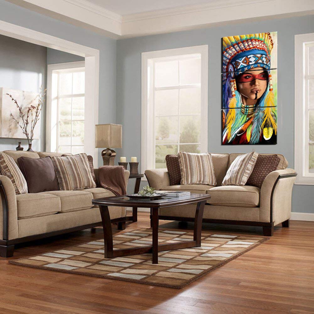 Native American Girl Canvas Wall Art - 3-Piece Framed Painting for Living Room Decor