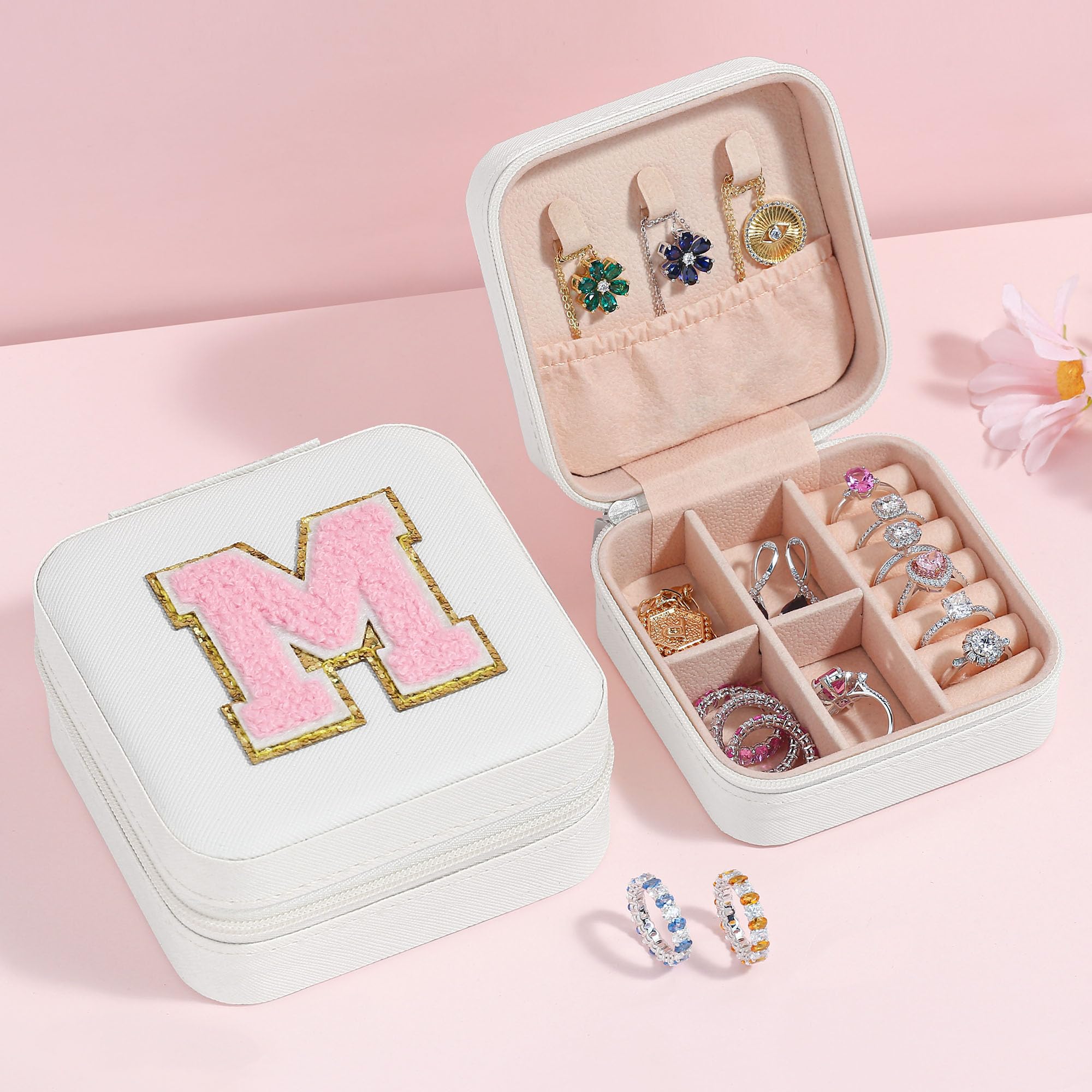 Personalized Initial Travel Jewelry Box for Women - Trendy Pink Jewelry Organizer Case | Perfect Christmas Birthday Gift for Teens Girls | Great for Travel Vacation Storage & Home Organization
