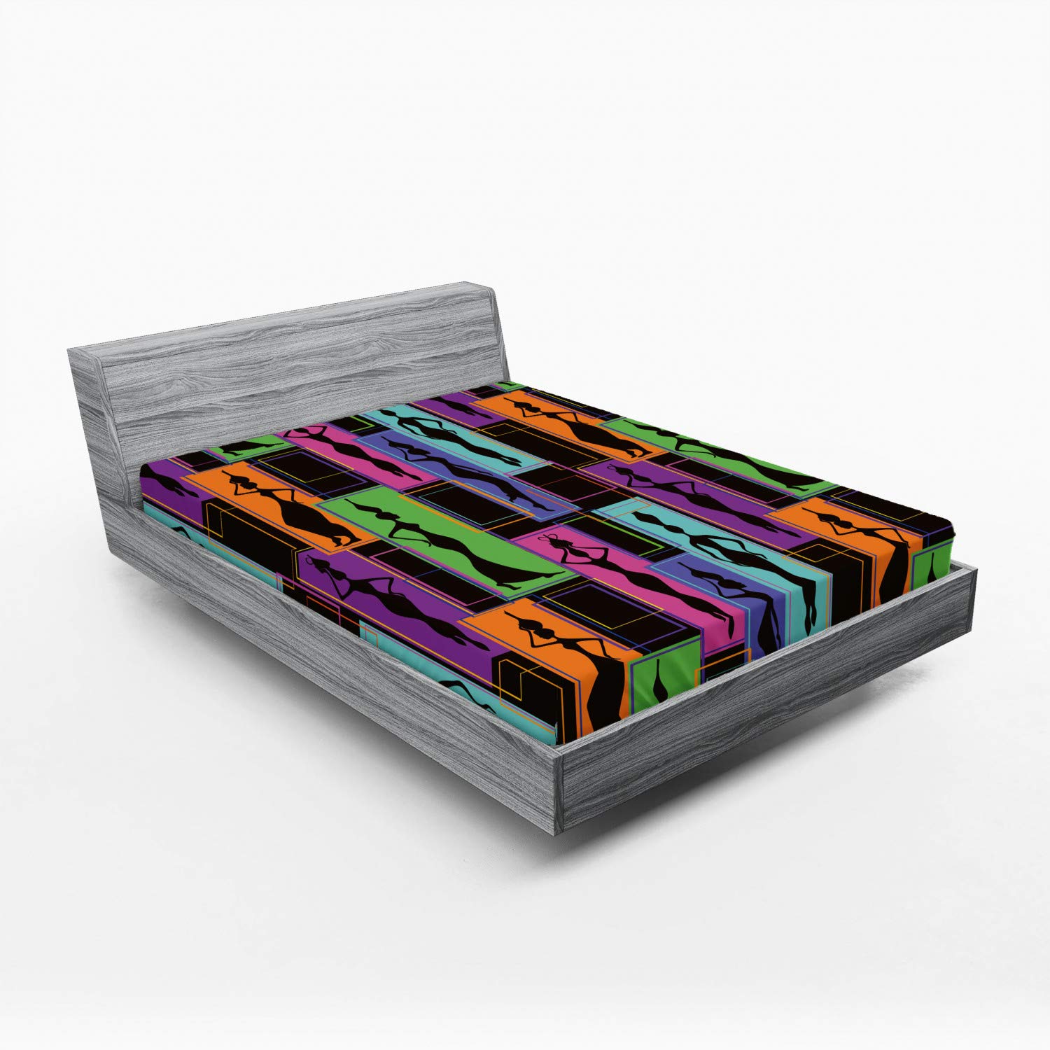 Ambesonne African Fitted Sheet - Colorful Abstract Geometric Pattern with Women Carrying Vases, Deep Pocket Full Size Bed Sheet Set | Perfect for Guest Rooms, Dorm Decor & Bohemian Bedroom Style