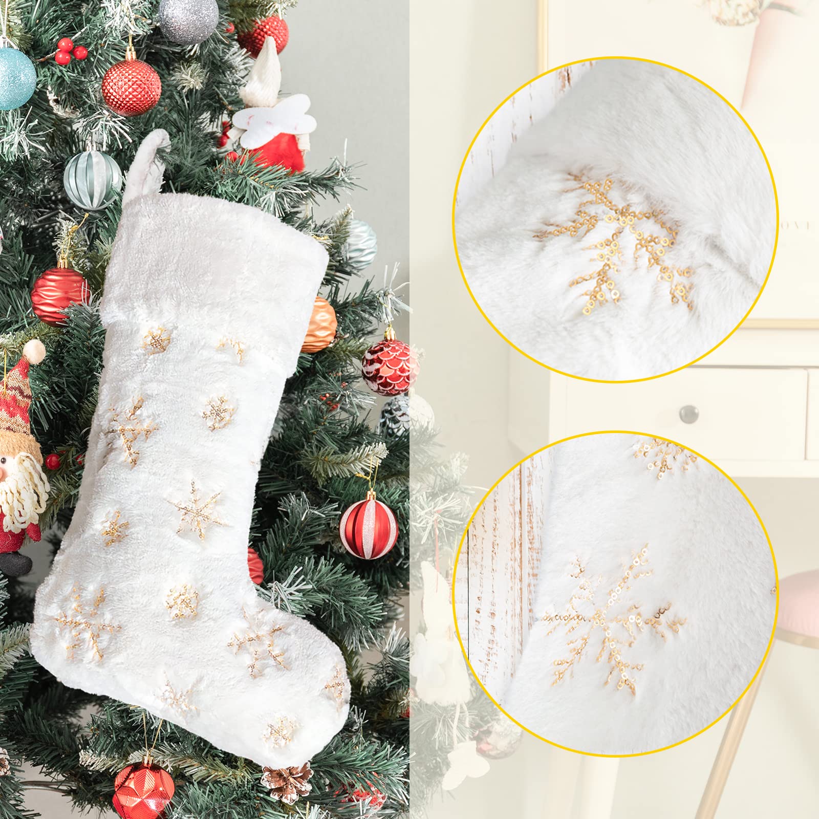 2 Pack Personalized Christmas Stockings with Names - 22 Inch Custom Embroidery Faux Fur Holiday Stockings in White with Gold/Silver Snowflake Designs - Perfect for Fireplace Mantel, Xmas Tree Decorations & Holiday Party Decor