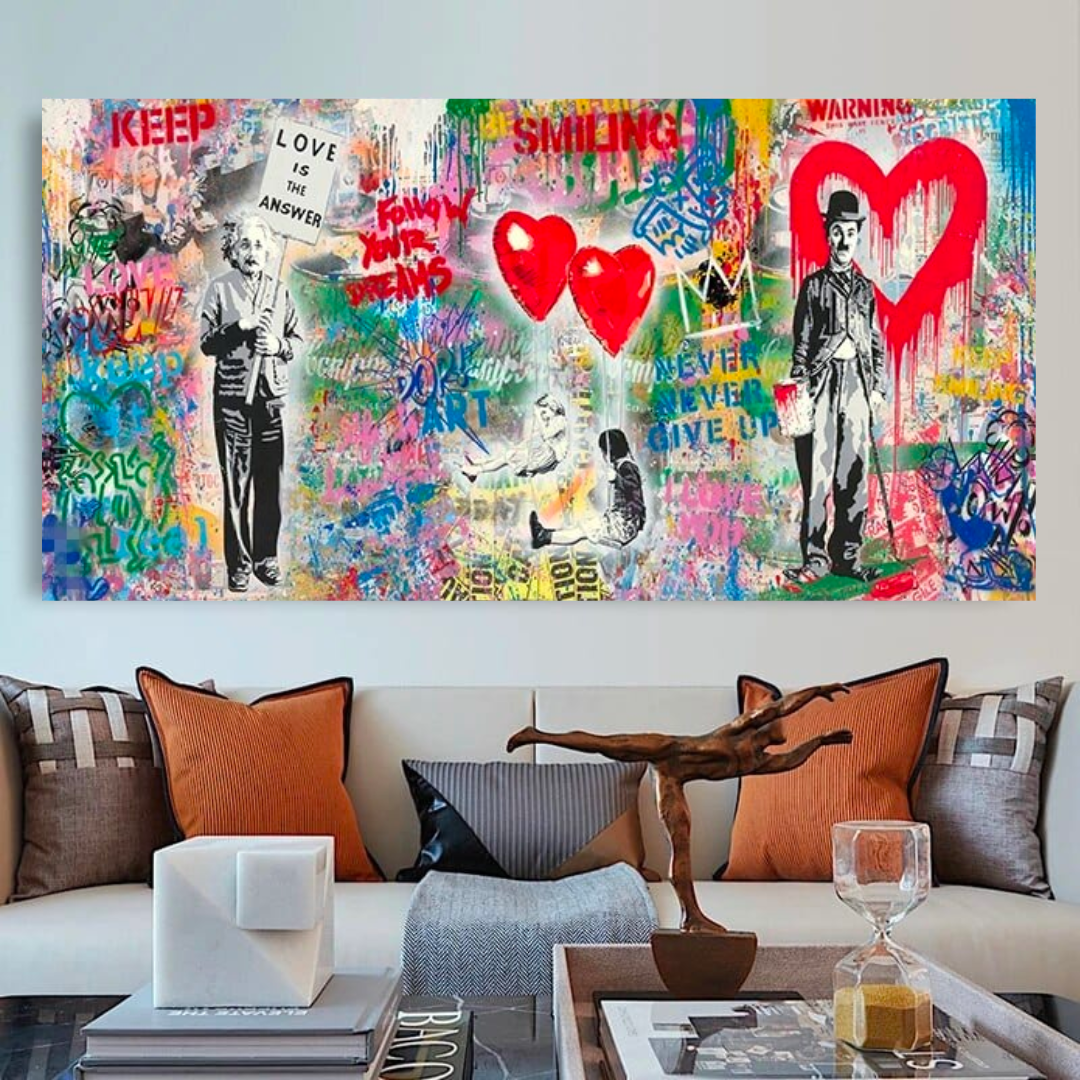 Banksy Love Is All We Need Hearts Canvas Wall Art - Modern Street Art Home Decor for Living Room, Bedroom & Office