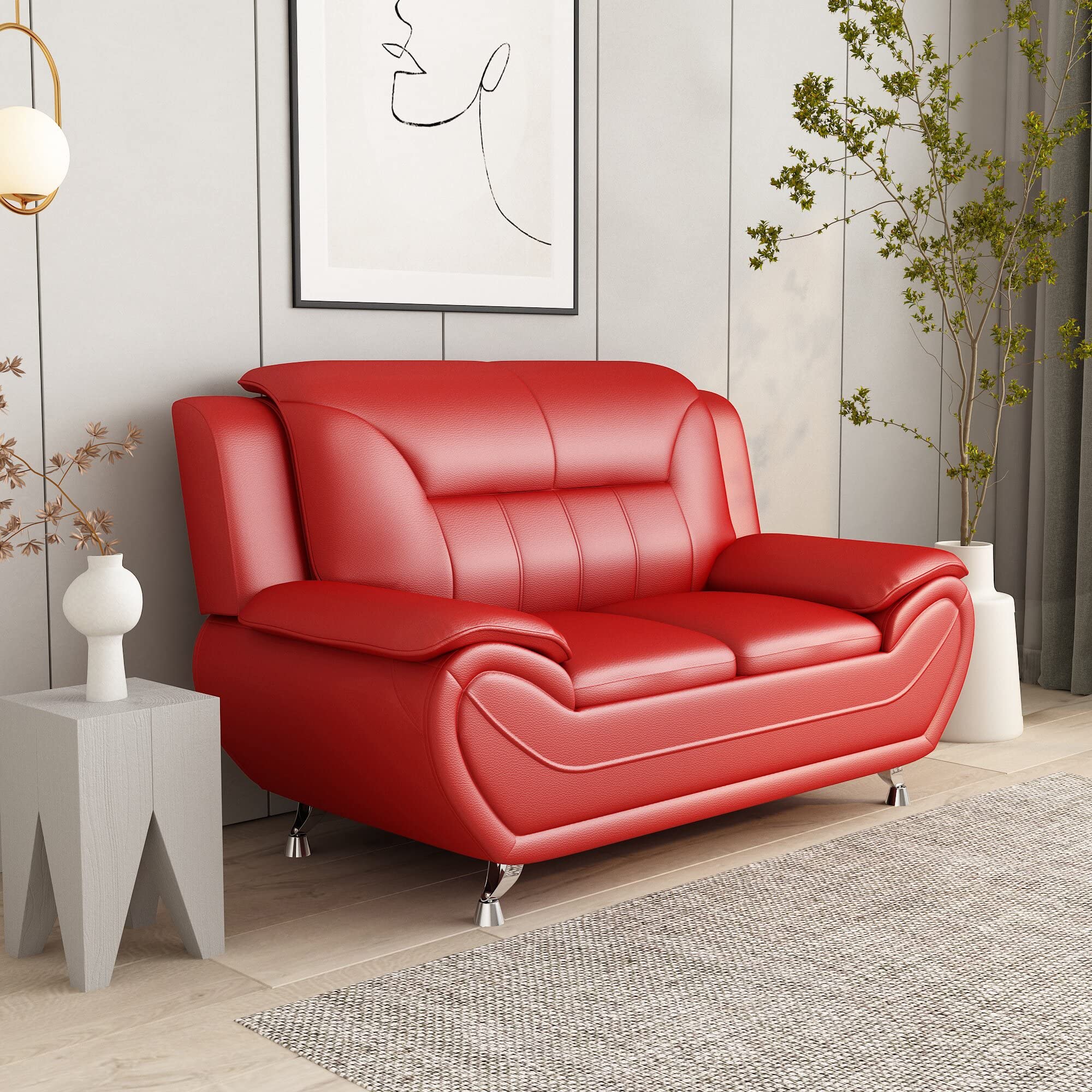 Michael Modern Faux Leather Loveseat with Stainless Steel Legs - Red Upholstered Sofa for Living Room | Perfect for Small Spaces, Apartments & Cozy Home Decor